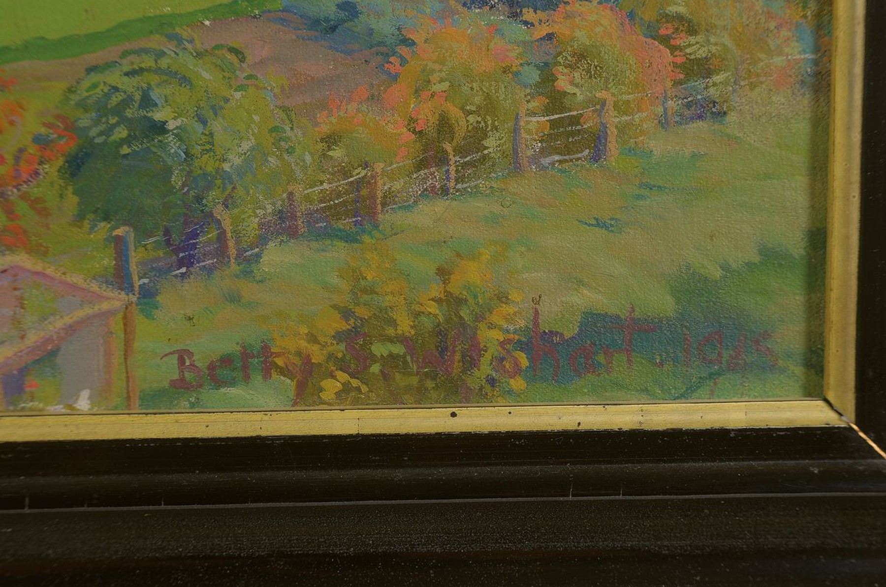 Detail a: Betty S. Wishard, Künstlerin MItte 20. Jh., Garten am See, Öl/Malkarton, re. u. signiert und dat. 1965, ca. 43 x 44 cm, Rahmen: 56 x 57 cm