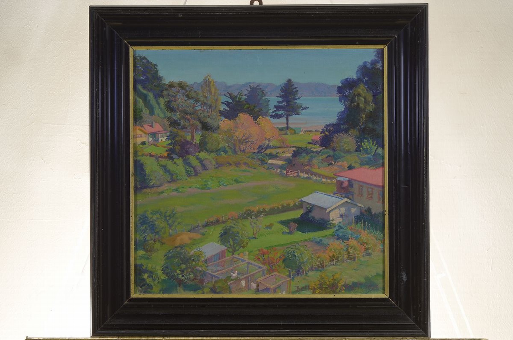 Detail k: Betty S. Wishard, Künstlerin MItte 20. Jh., Garten am See, Öl/Malkarton, re. u. signiert und dat. 1965, ca. 43 x 44 cm, Rahmen: 56 x 57 cm