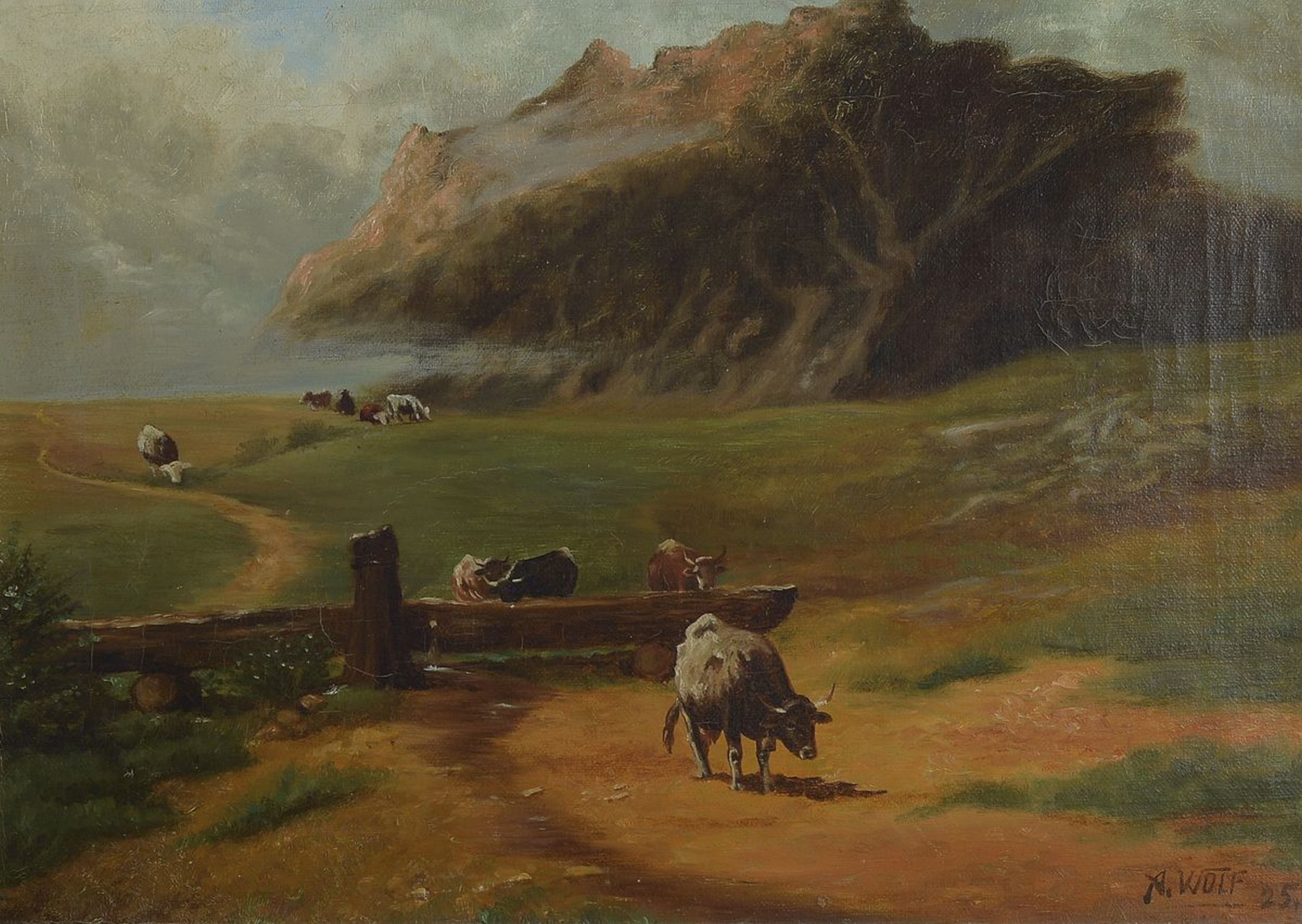 R. Wolf, datiert 25, Tiere auf der Weide, Öl/Lwd, re. u. signiert und datiert, l. Alters- und Gebr.schäden, ca. 32 x 46 cm, Rahmen l. besch., l. ...