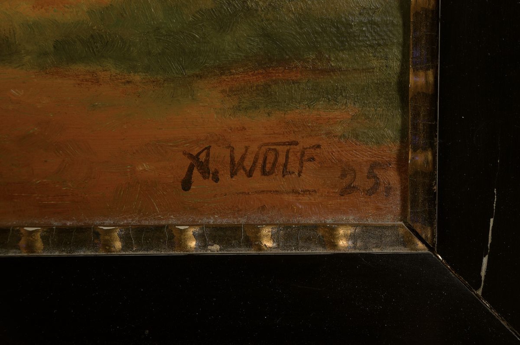 Detail a: R. Wolf, datiert 25, Tiere auf der Weide, Öl/Lwd, re. u. signiert und datiert, l. Alters- und Gebr.schäden, ca. 32 x 46 cm, Rahmen l. besch., l. ...
