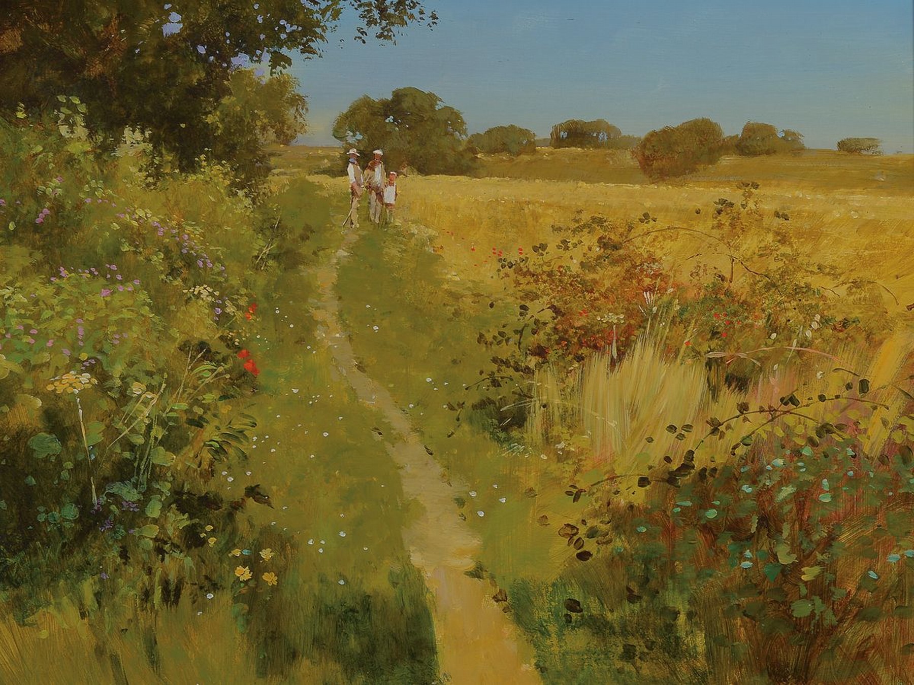 Zeitgenössischer Traditionalist, drei Personen auf einem Feldweg, Öl/Malplatte, unsigniert, ca. 28x38cm, R. ca. 40x50cm