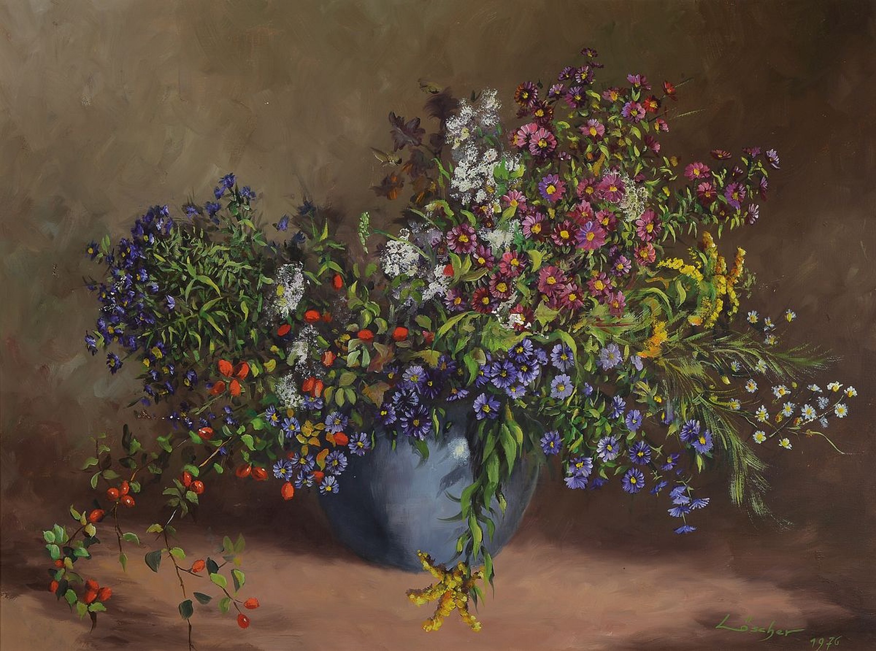 Löscher, datiert 1975, Blumenstillleben, Öl/Lwd, signiert und datiert, ca. 60 x 80 cm, Rahmen