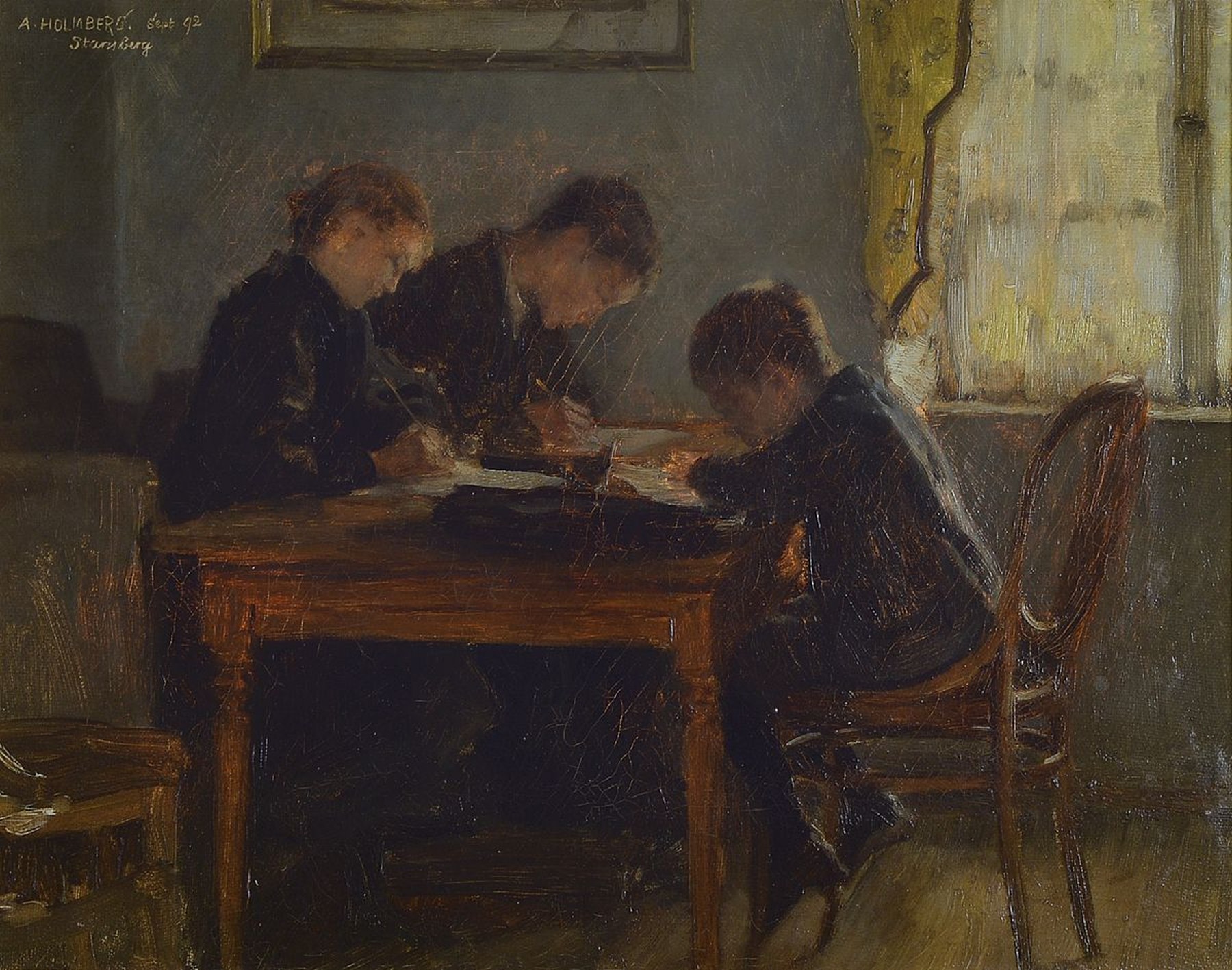 August Johann Holmberg, 1851-1911 München, drei Kinder bei den Schularbeiten, Öl/Lwd, links oben signiert, dat. Sept. 92, bez.: Starnberg, ca. ...