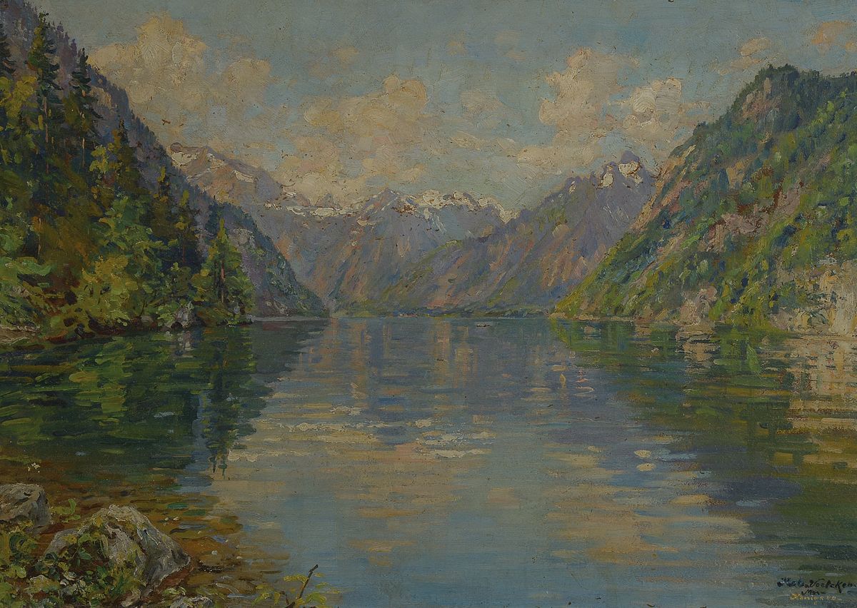 Robert Völckel, 1854 Dohna bei Pirna - 1924 München, Schüler a.d. Dresdner Akademie, war in München ansässig, hier: Ansicht auf das Bergpanorama ...