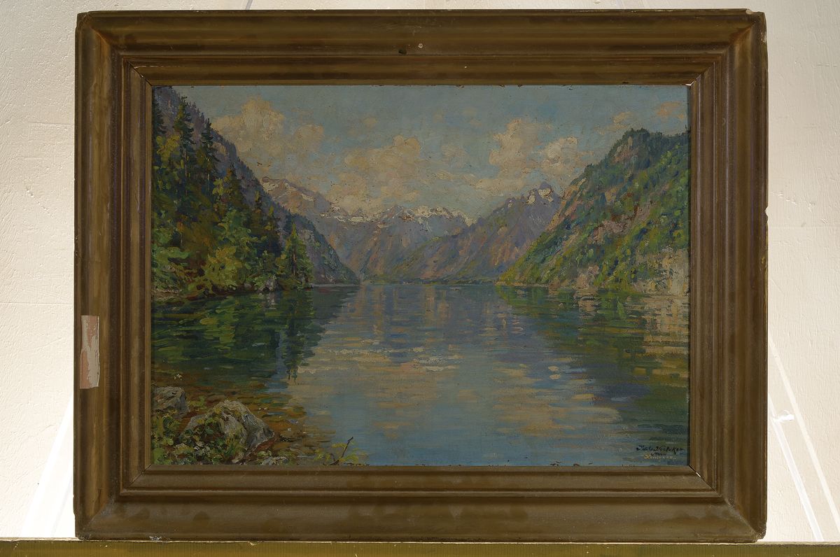 Detail k: Robert Völckel, 1854 Dohna bei Pirna - 1924 München, Schüler a.d. Dresdner Akademie, war in München ansässig, hier: Ansicht auf das Bergpanorama ...