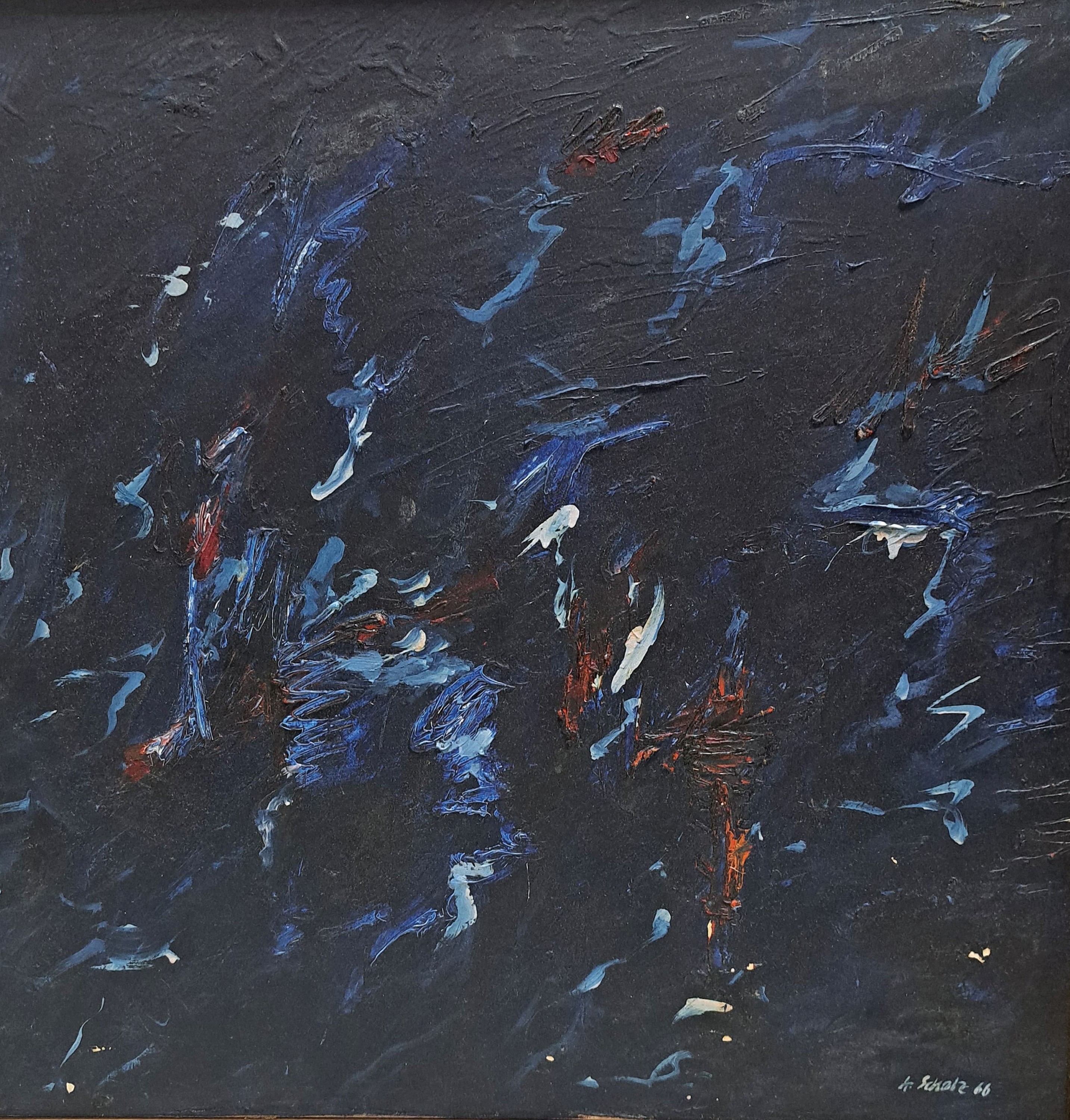 Detail k: A. Scholz, Künstlers des 20.Jh., Abstrakte Komposition in Blau, unter Verwendung roter Kontrastakzente, rechts unten signiert u. datiert (19)66, ca. ...