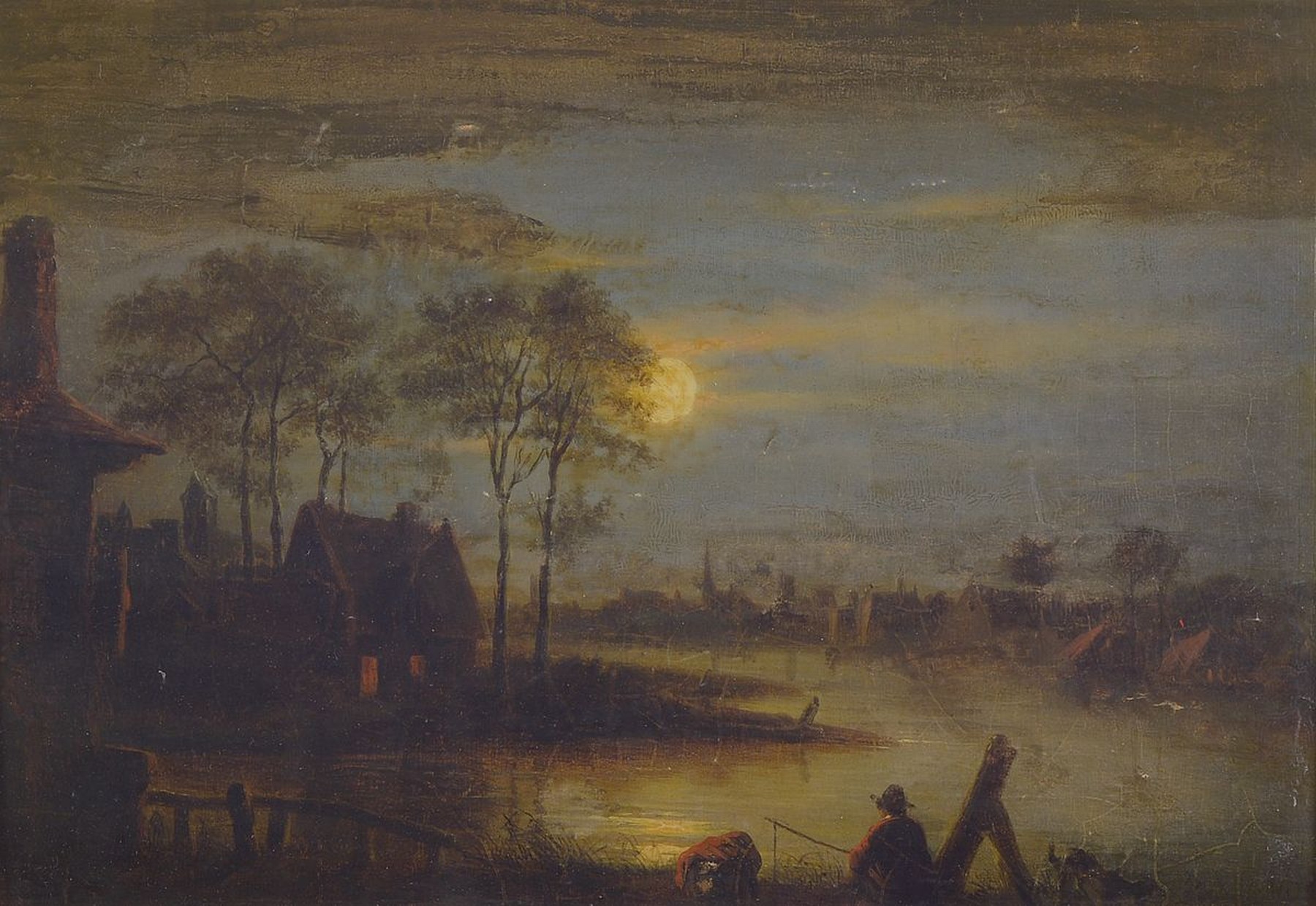 Unbekannter Niederländischer Traditionalist nach Aert van der Neers (1603-1677), 1.Hälfte 19.Jh., Nachtstück mit Angler am Fluss, Bildraum einzig ...