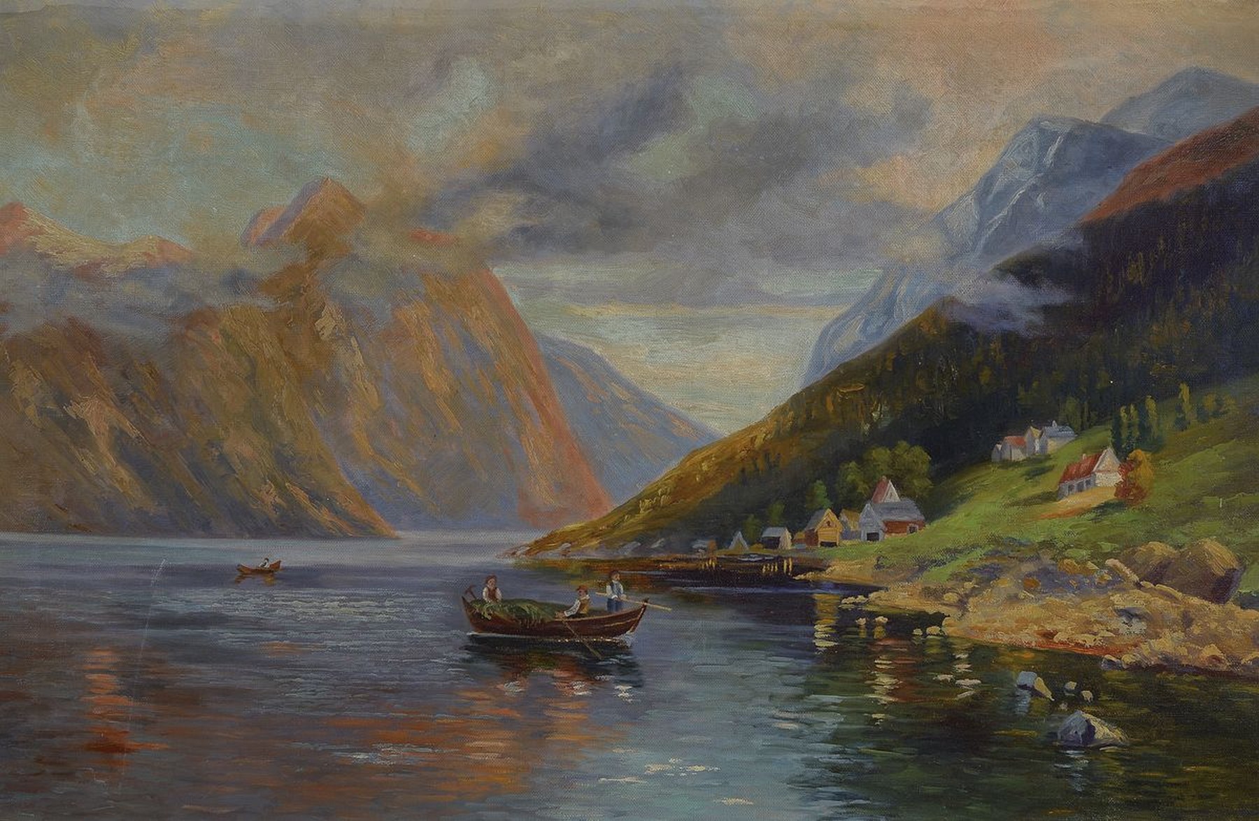 Unbekannter Künstler des 20.Jh., Ansicht einer Nebel verhangene Berglandschaft mit See, vordergründig Fischerboot vor Küstendörfchen, unsigniert, ...