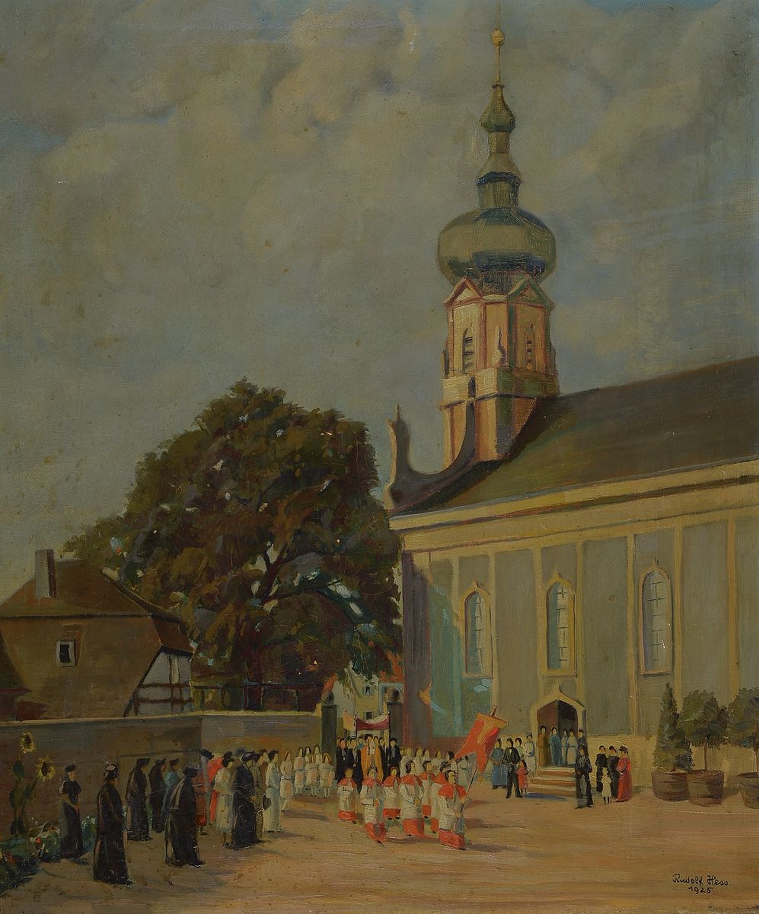 Rudolf Hess, datiert 1925, Prozessionszug wohl vor der Rokokokirche St. Maria im baden -württembergischen Bühl, Öl/Lwd, rechts unten signiert u. ...
