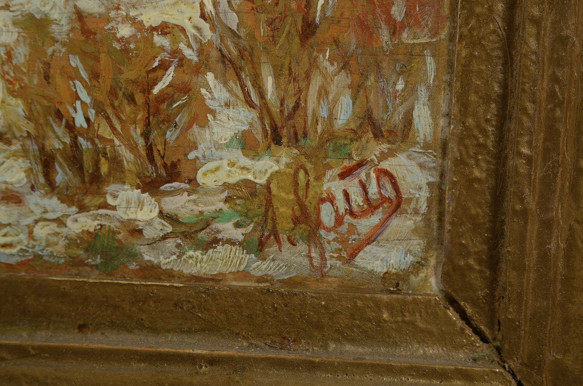 Detail a: Albert Haug, süddeutscher Maler, verso bez. "Erster Schnee/Novemberabend am Altrhein", 1.H.19.Jh., rechts unten signiert, Öl/Holzplatte, ...