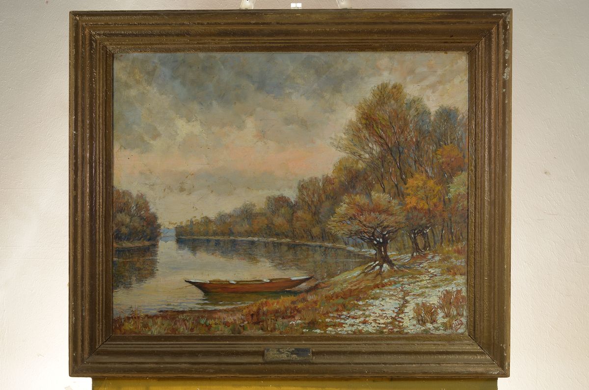 Detail k: Albert Haug, süddeutscher Maler, verso bez. "Erster Schnee/Novemberabend am Altrhein", 1.H.19.Jh., rechts unten signiert, Öl/Holzplatte, ...