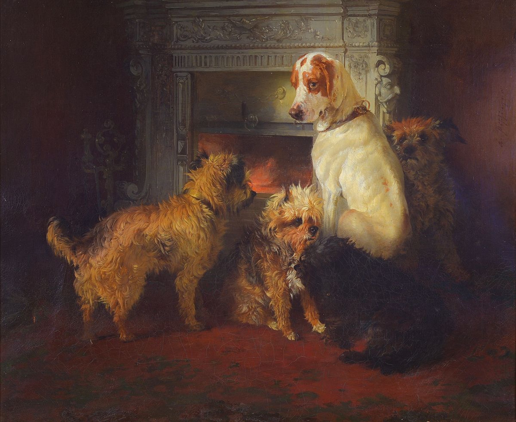 Carl Pischinger, 1823 Streitdorf-1886 Liezen/Steiermark, 5 Hunde vor dem Kamin, Öl/Lwd, rest., seitlich rechts signiert, ca. 52x62cm; R. ca. 65x74cm