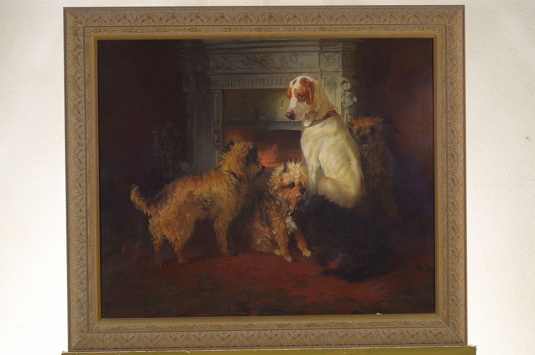 Detail k: Carl Pischinger, 1823 Streitdorf-1886 Liezen/Steiermark, 5 Hunde vor dem Kamin, Öl/Lwd, rest., seitlich rechts signiert, ca. 52x62cm; R. ca. 65x74cm
