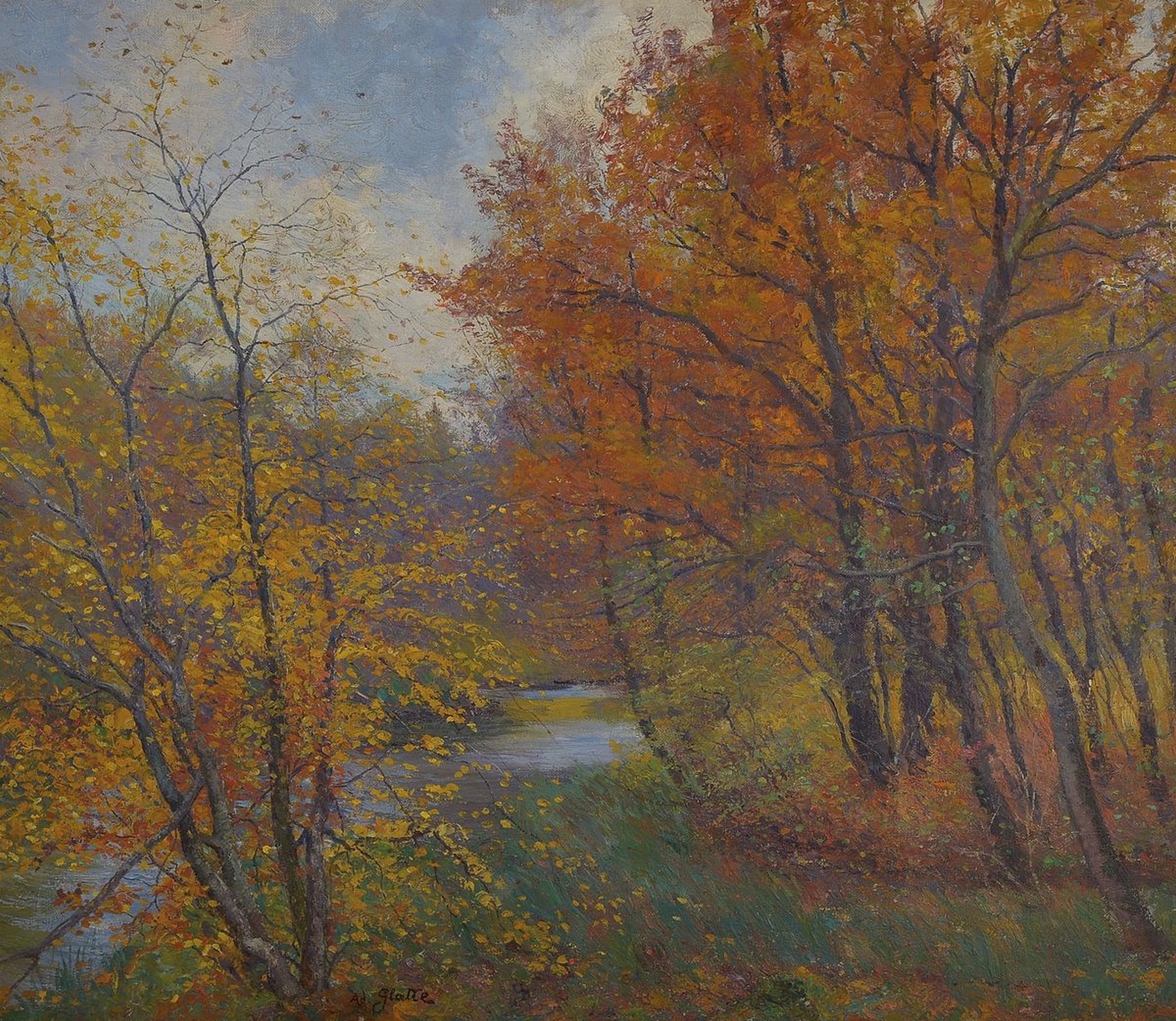 Adolf Glatte, 1866 Häslicht Schlesien-1920 München, Herbst-Wald, so rückseitig betitelt, Öl/Lwd, links unten signiert, rückseitig monogrammiert, ...