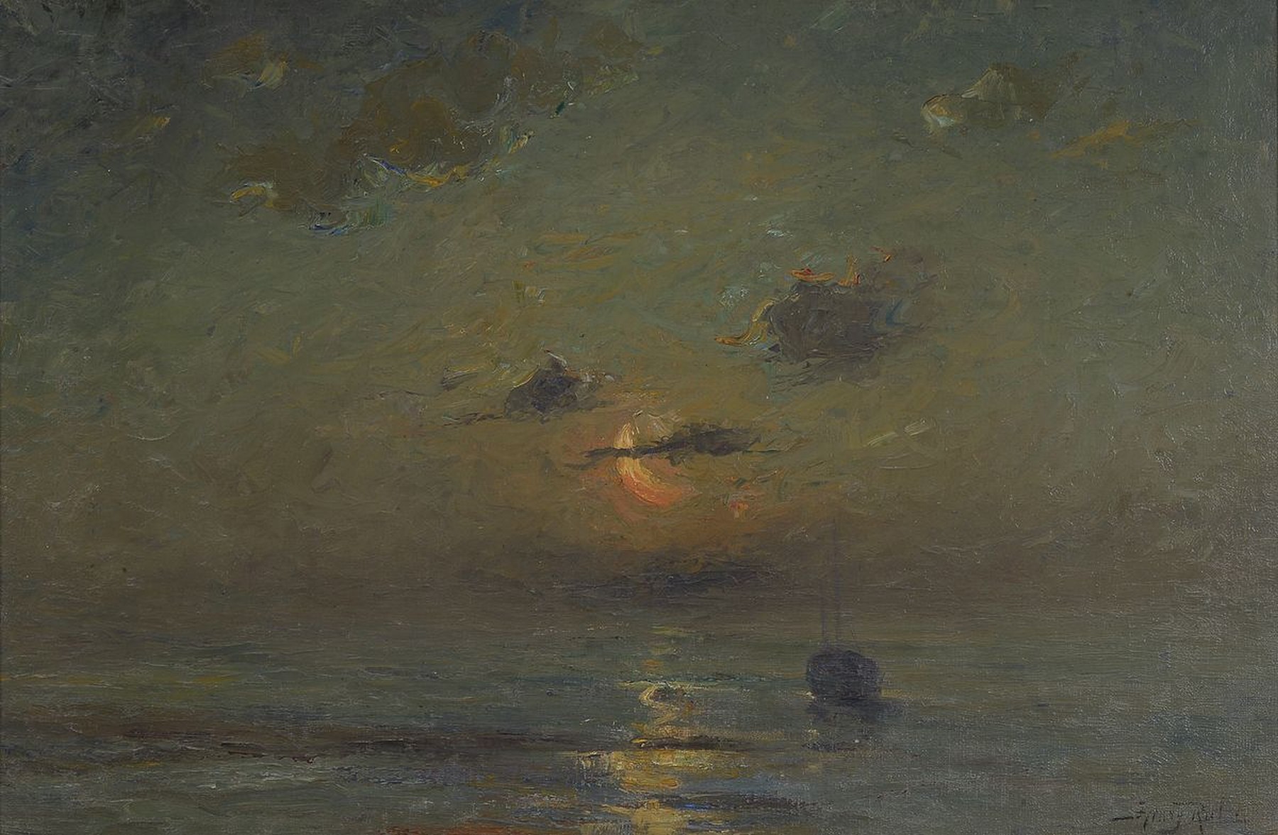 Henry Rul, 1862 Antwerpen-1942 Viersel, Mondsichel und Wolken über einem Fischerboot auf ruhiger See, Öl/Lwd, rechts unten signiert, ca. 40x58cm, ...