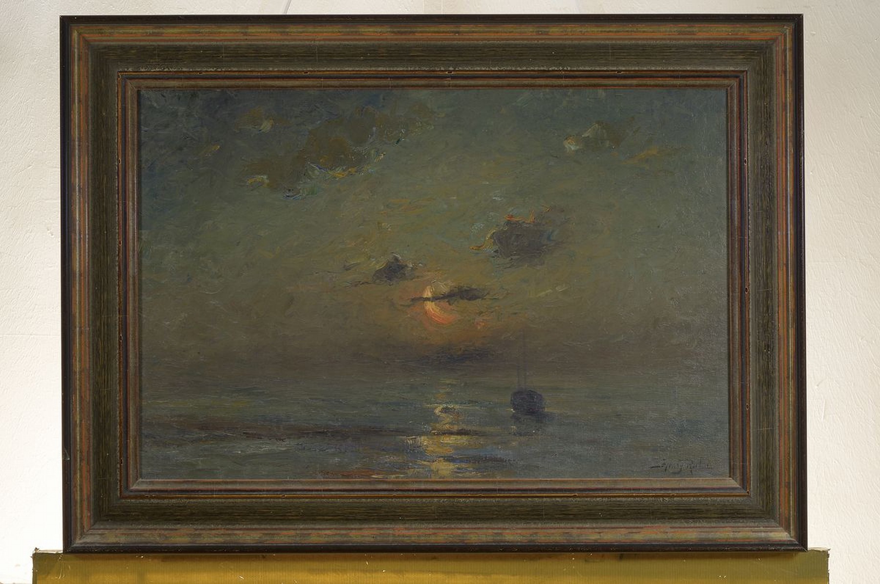 Detail k: Henry Rul, 1862 Antwerpen-1942 Viersel, Mondsichel und Wolken über einem Fischerboot auf ruhiger See, Öl/Lwd, rechts unten signiert, ca. 40x58cm, ...