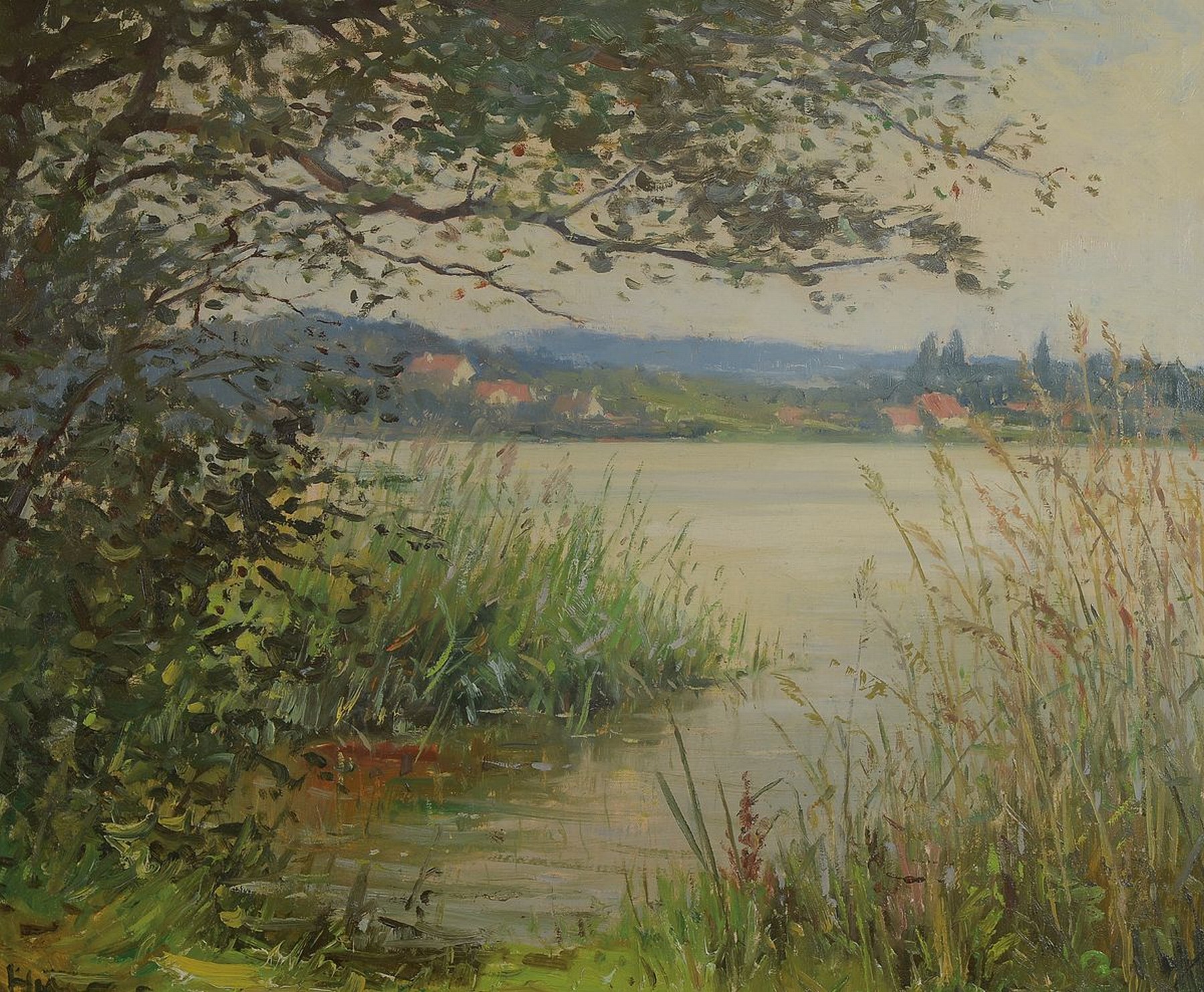 Unbekannter Künstler des frühen 20. Jh., Landschaft am Bodensee, Öl/Lwd, links unten unleserlich signiert, ca. 46x57cm, R. ca. 56x 66cm