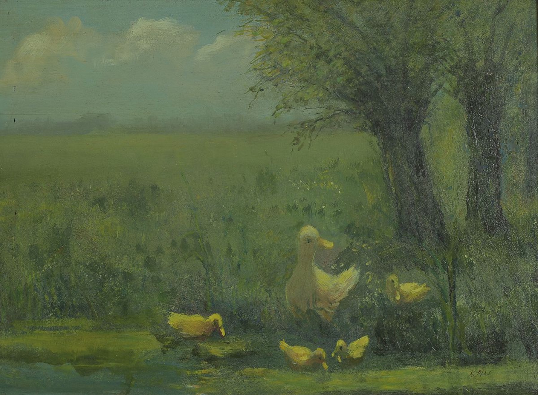 H. Mas, geb. 1906 Arnheim, zeitgen. Traditionalist, Entenfamilie am Ufer des Teichs, Öl/Holz, rechts unten signiert, ca. 35x49cm, R. ca. 43x56cm