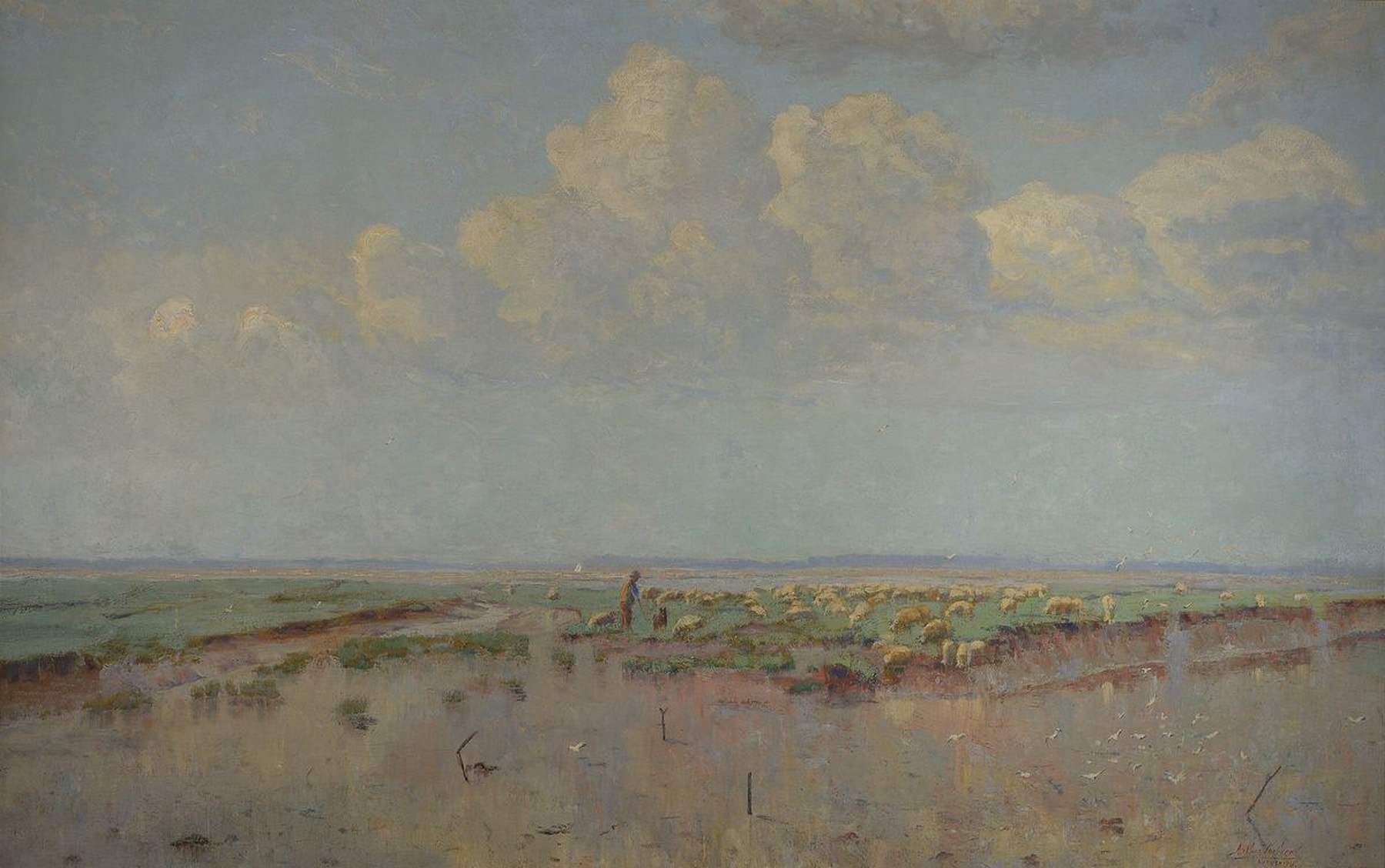 Arthur Verbeeck, belgischer Maler des frühen 20. Jh., Schäfer mit seiner Herde in weiter Landschaft, Öl/Lwd, rechts unten signiert und bez.: ...
