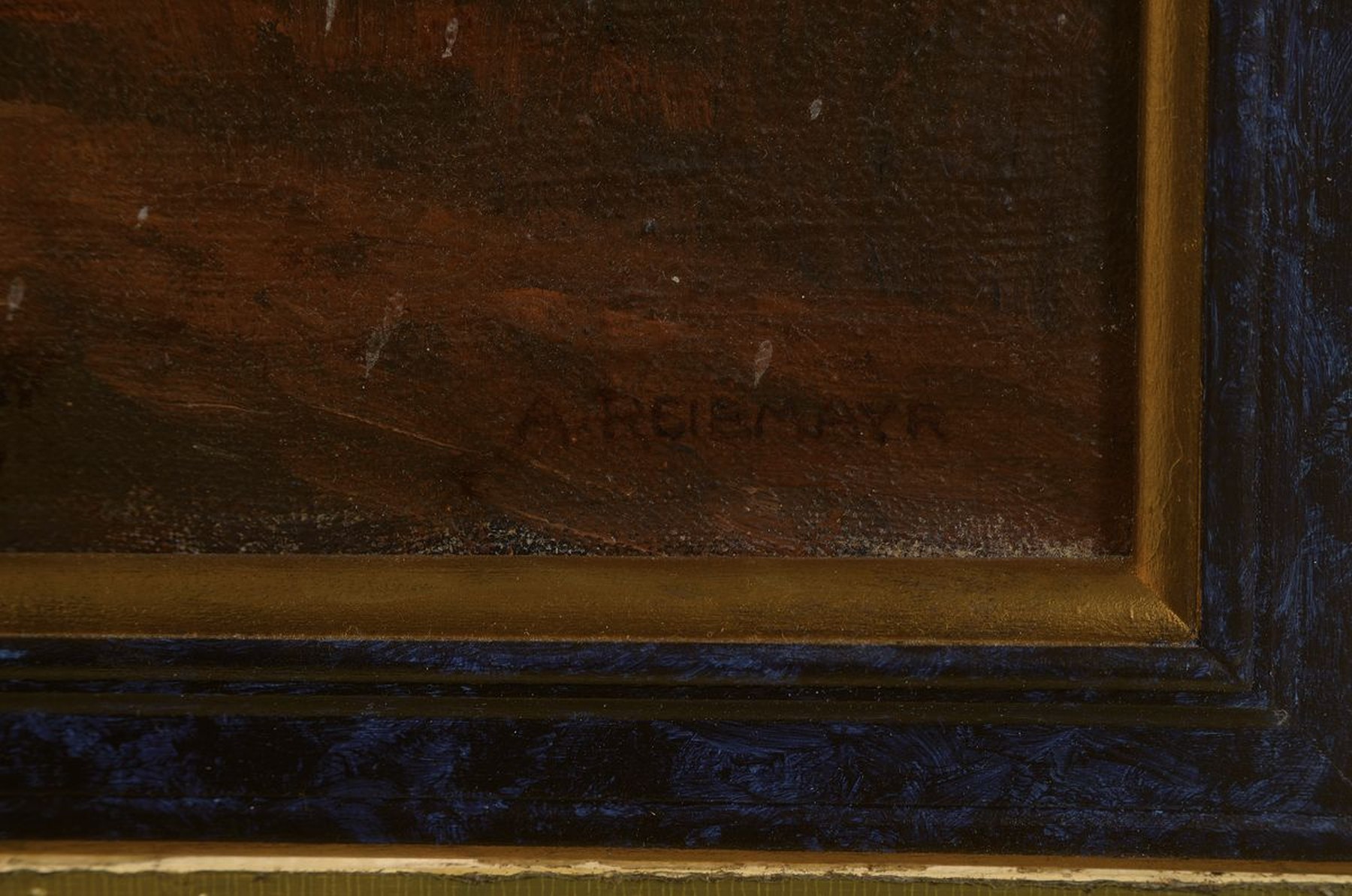 Detail a: Albert Reibmayr, 1881 Linz-1941 Kleve, Mann mit zwei Pferden und einer Laterne auf dem Heimweg unter weitem Sternenhimmel, im Hintergrund ein ...