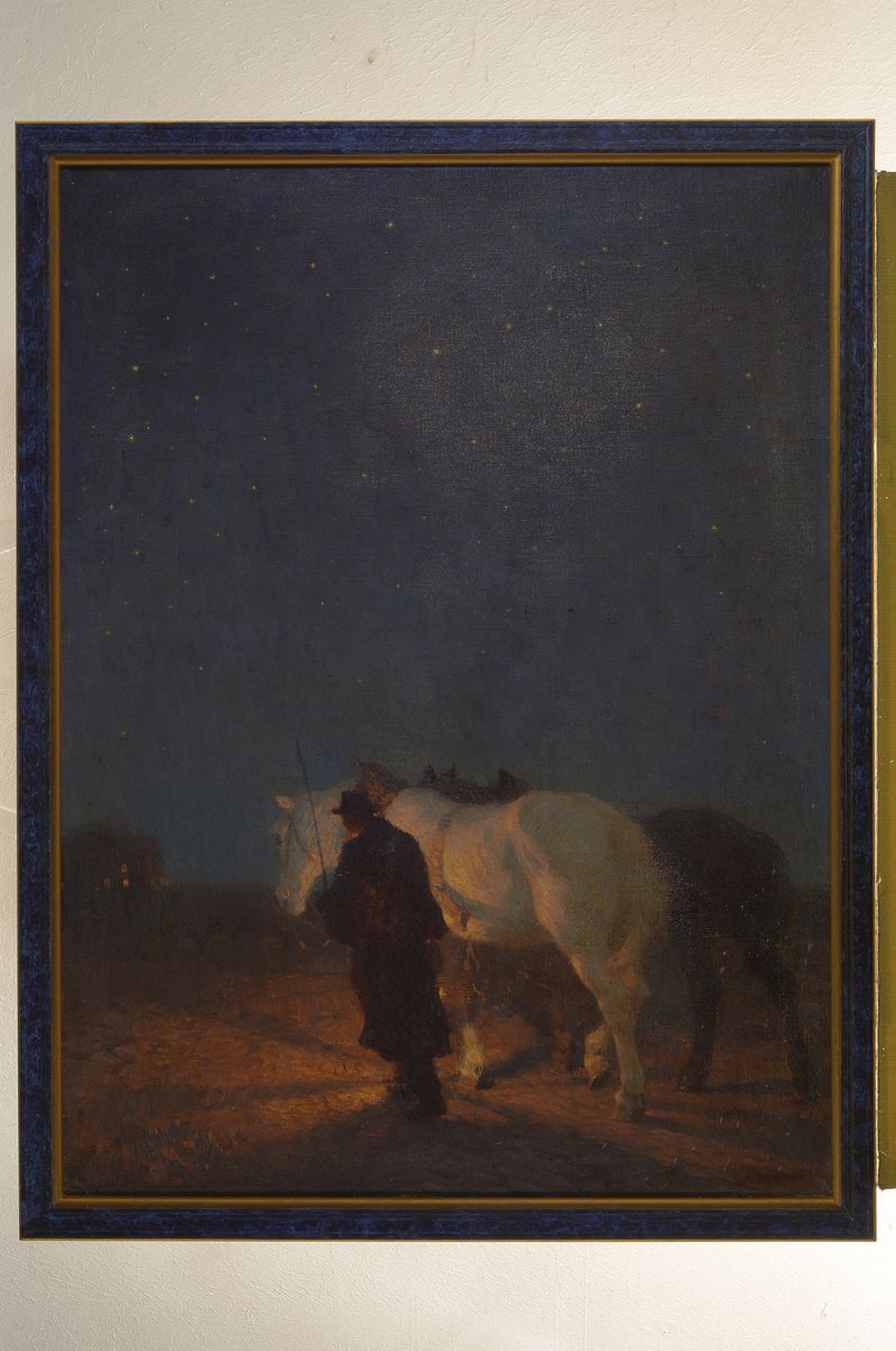 Detail k: Albert Reibmayr, 1881 Linz-1941 Kleve, Mann mit zwei Pferden und einer Laterne auf dem Heimweg unter weitem Sternenhimmel, im Hintergrund ein ...