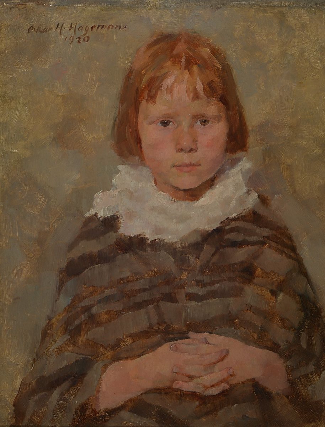 Oskar H. Hagemann, 1888 Holoubkau bei Prag-1984 Karlsruhe, Studium an der Akademie Karlsruhe, hier: Porträt eines Mädchens, Öl/Lwd, links oben ...