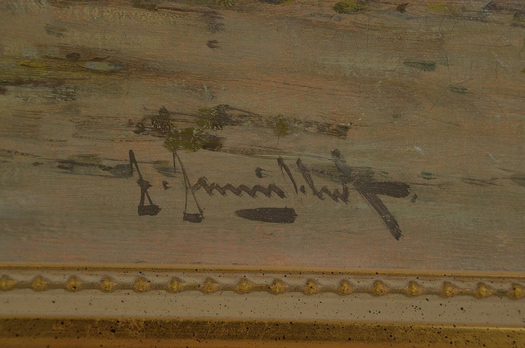 Detail a: Johann Jungblut, 1860 Saarburg-1912 Düsseldorf, Uferlandschaft mit Windmühle und Fischer in ihrem Boot, Öl/Lwd, rechts unten signiert, ca. ...