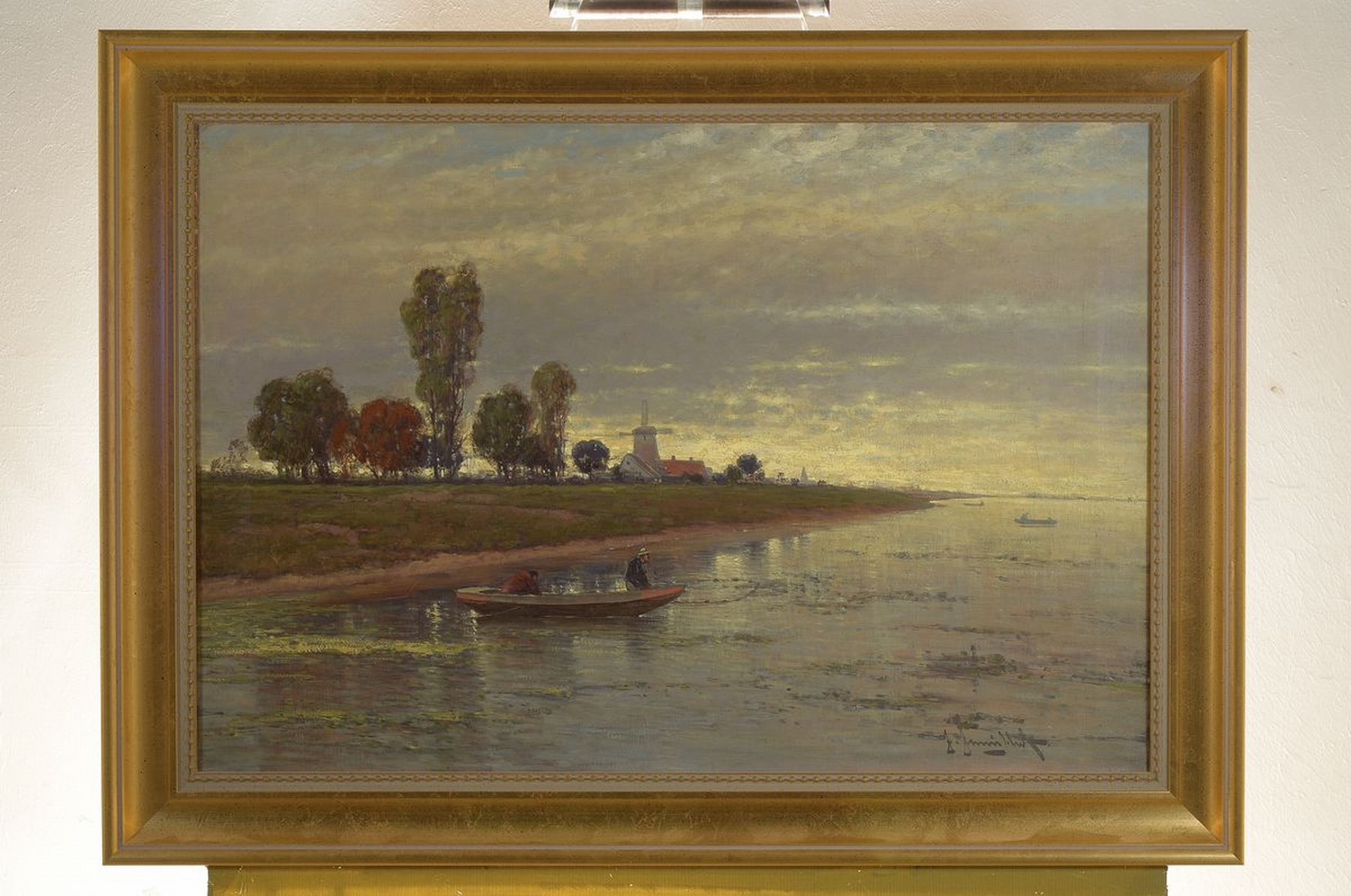 Detail k: Johann Jungblut, 1860 Saarburg-1912 Düsseldorf, Uferlandschaft mit Windmühle und Fischer in ihrem Boot, Öl/Lwd, rechts unten signiert, ca. ...