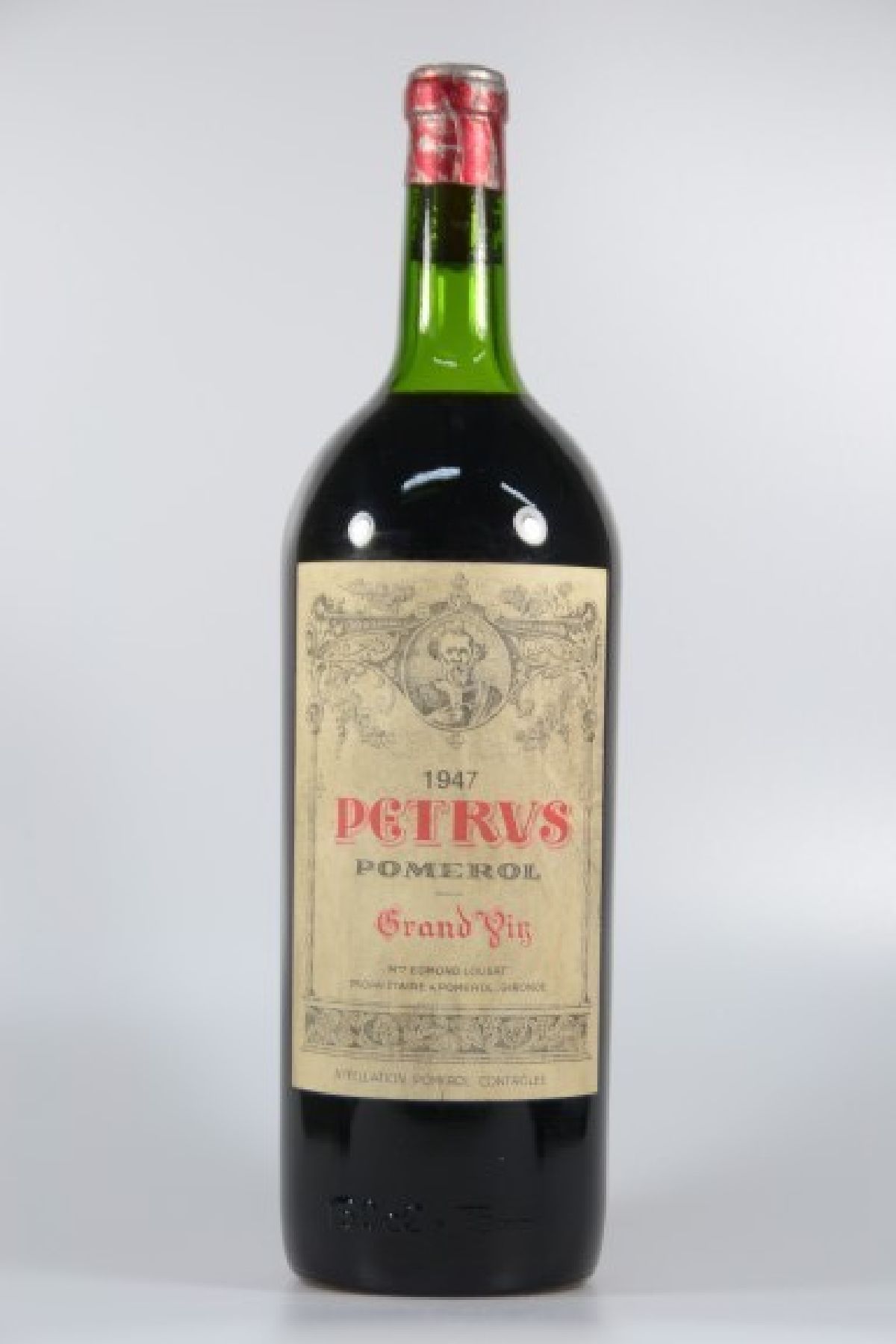 1 Magnumflasche, Chateau Petrus Pomerol, 1947 , Pomerol-Gironde, ca. 150 cl, Top Shoulder,Kapsel u. Etikett mit Alterssp.