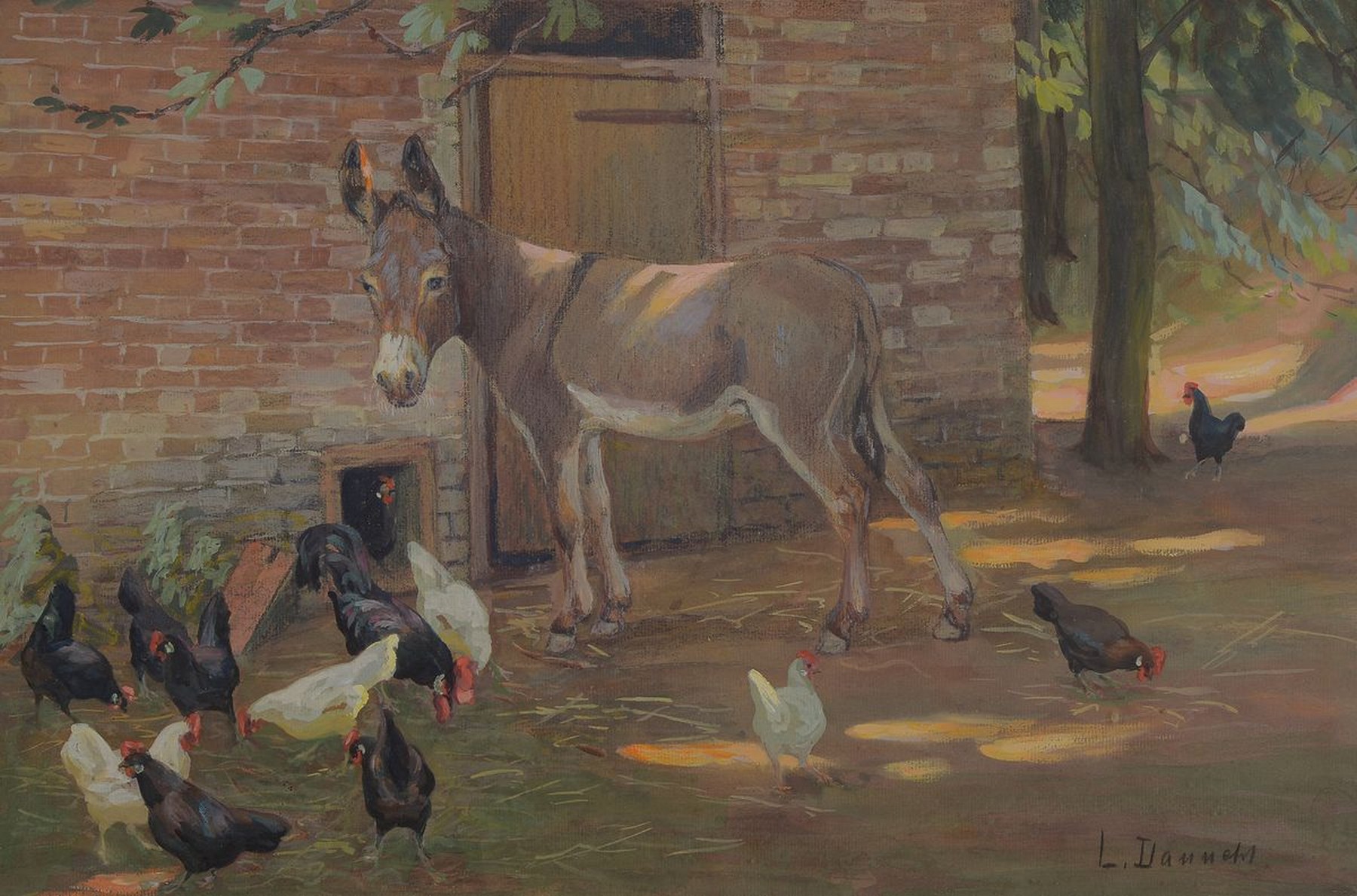 L. Dannert, Maler der 1. Hälfte des 20. Jh., Hühner und Esel vor dem Stall, Aquarell auf Papier, rechts unten signiert, ca. 30x46cm, u.Gl., R. ca. ...