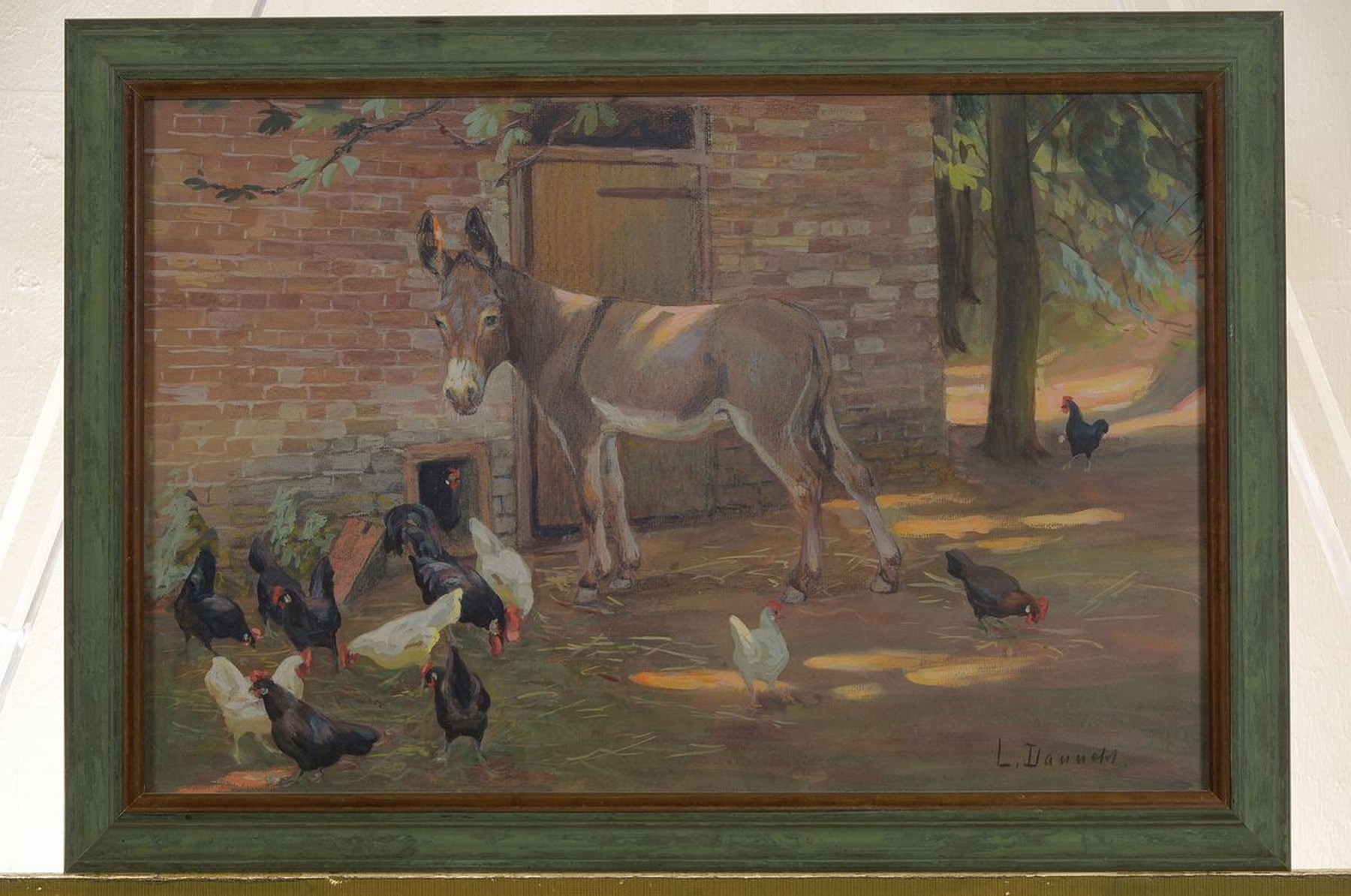 Detail k: L. Dannert, Maler der 1. Hälfte des 20. Jh., Hühner und Esel vor dem Stall, Aquarell auf Papier, rechts unten signiert, ca. 30x46cm, u.Gl., R. ca. ...