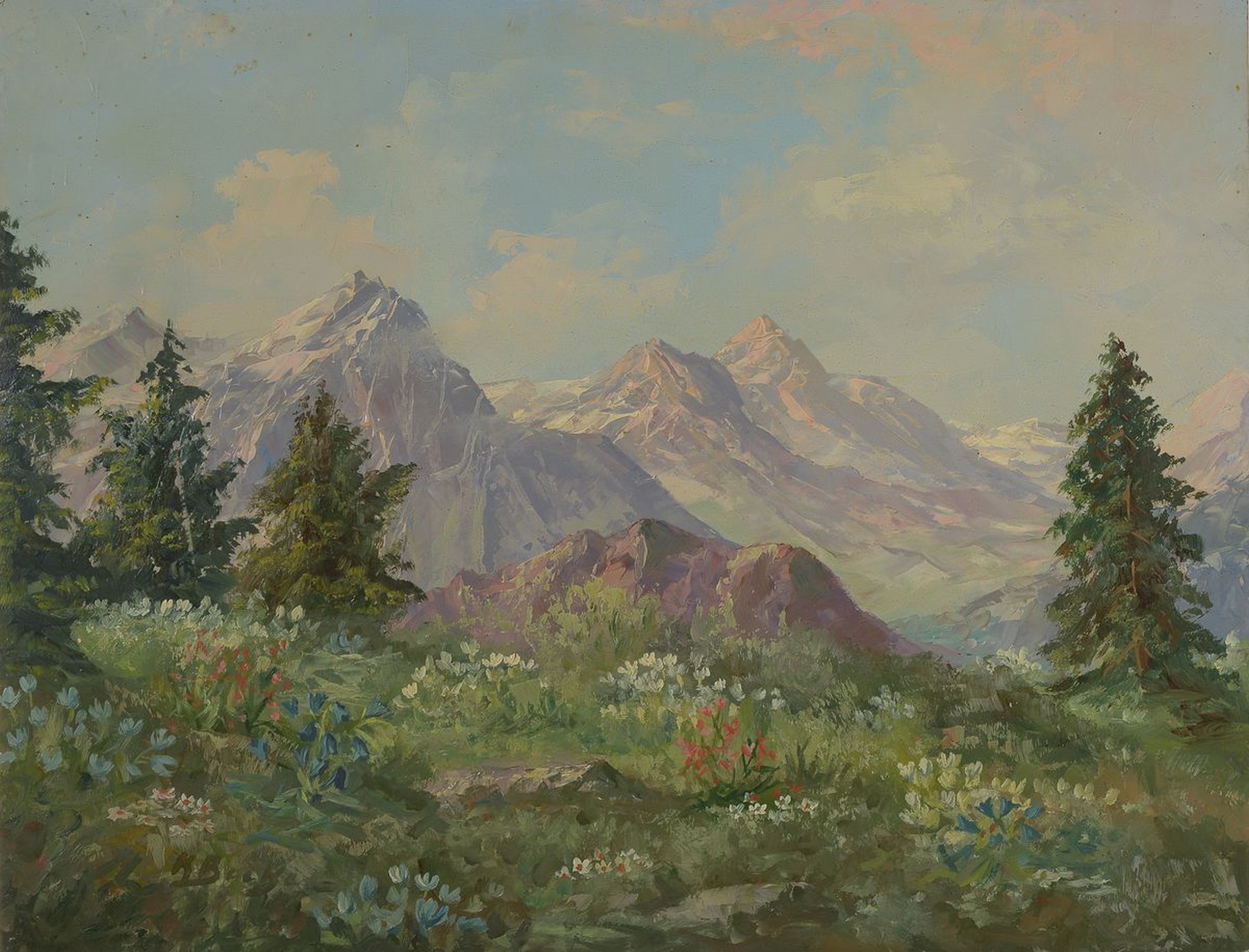 Detail b: Kenneth Baker, 1921 - 1996, britischer Landschafts- u. Genremaler, Zwei Alpenlandschaften im Frühling, malerische Auffassung u. kontrastierende ...