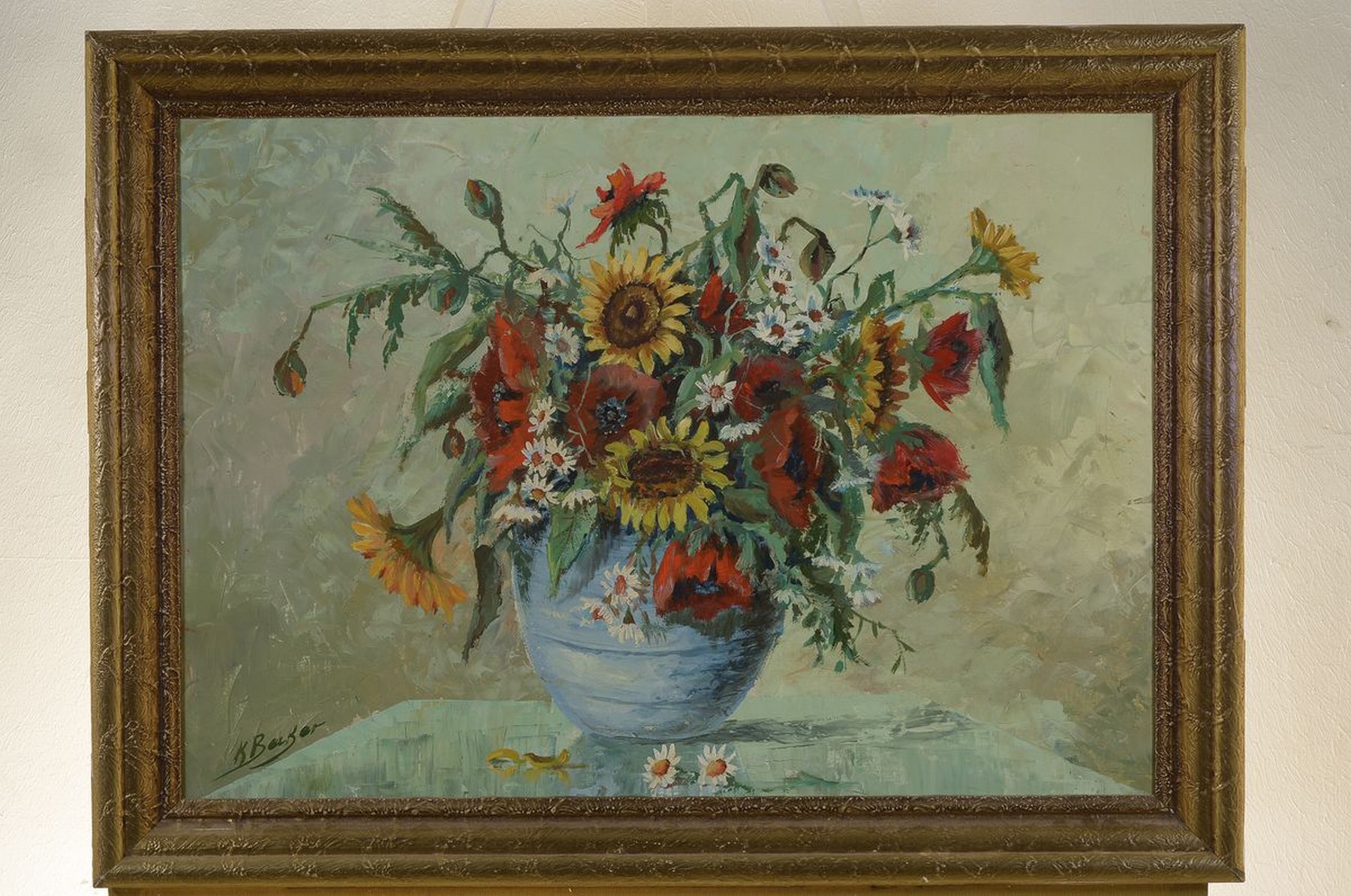 Detail k: Kenneth Baker, 1921 - 1996, britischer Kunstmaler, Blumenstillleben mit Sonnen- und Mohnblumen, pastoser Farbauftrag in grober Pinselführung, links ...