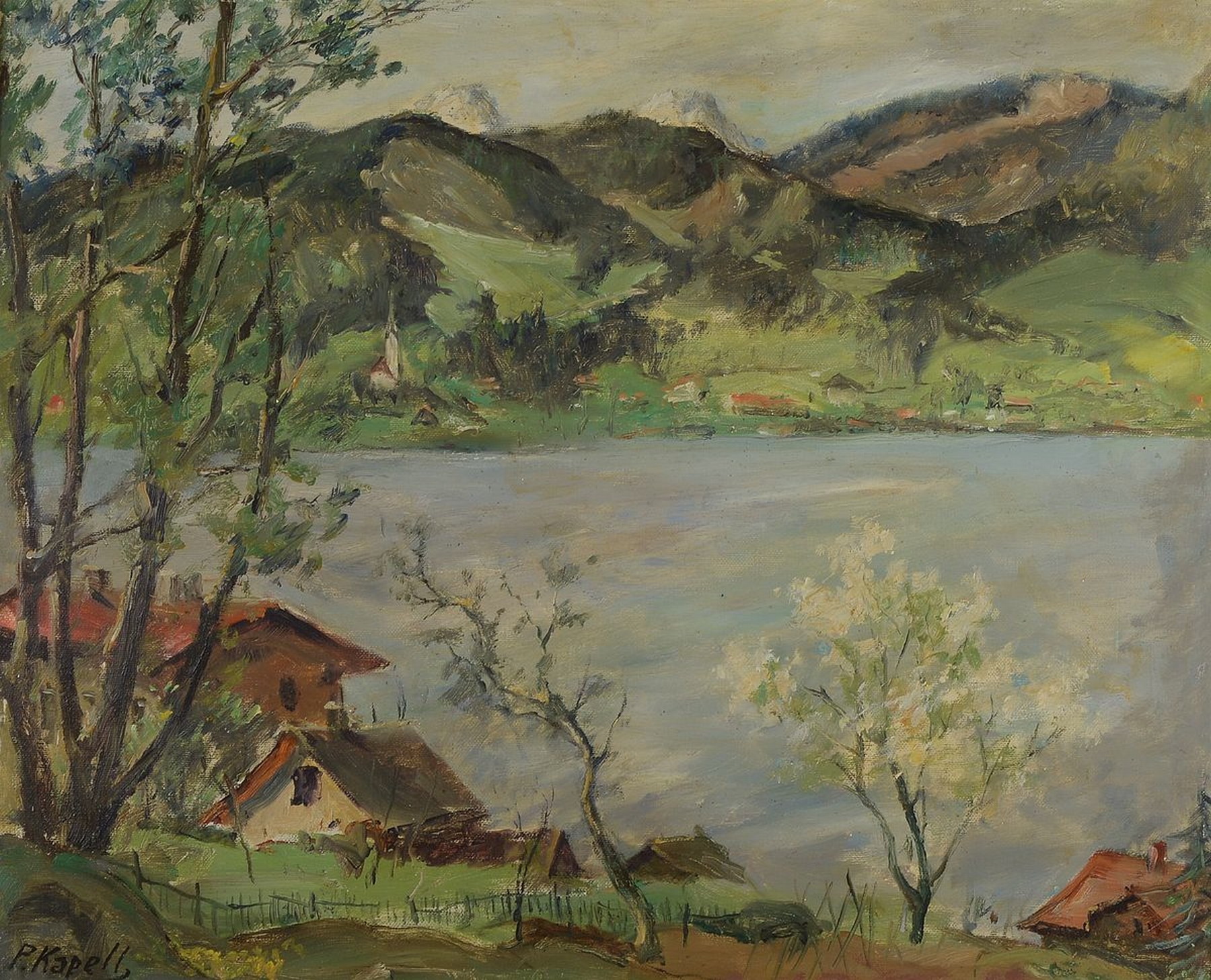 Paul Kapell, 1876 Ostrowo (Posen) - 1943 Stuttgart, Voralpine Frühlingslandschaft, malerische Auffassung, links unten signiert, Öl/Hartfaserplatte, ...