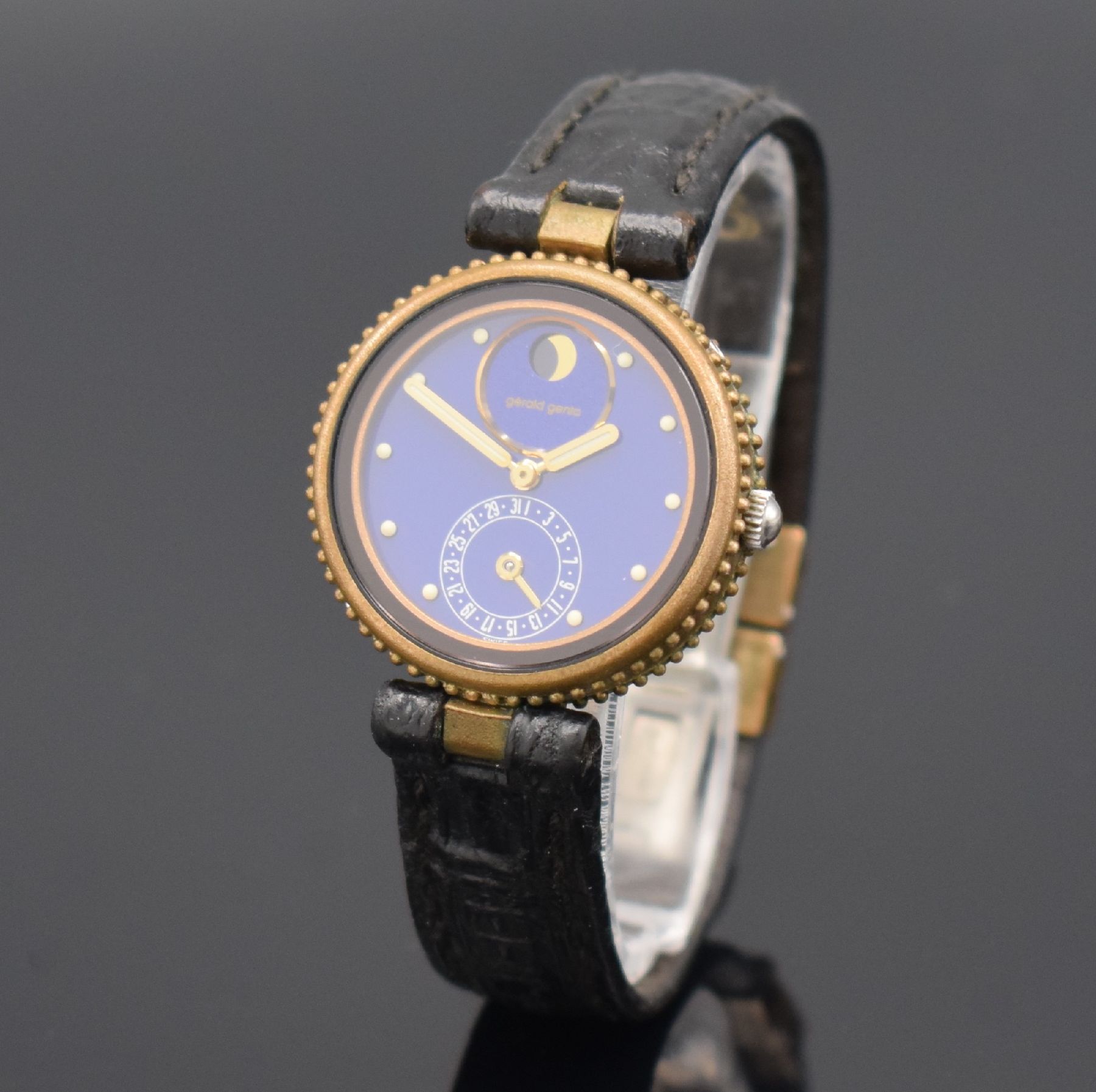 GERALD GENTA seltene Damenarmbanduhr Serie Gefica Referenz G 2939.7, Schweiz um 1990, bronziertes Geh. inkl. orig. Lederband m. dopp. Faltschl., ...