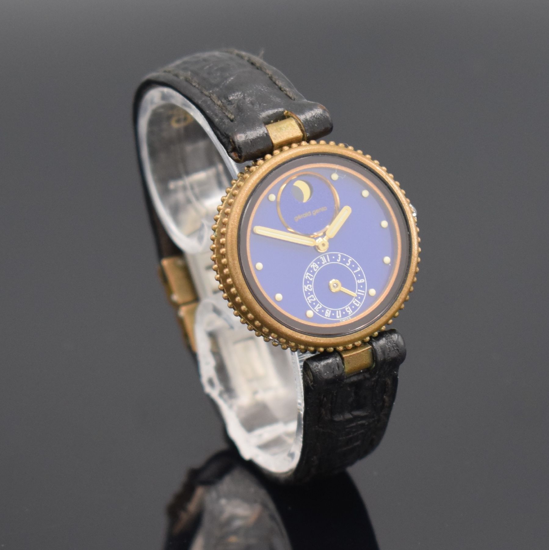 Detail b: GERALD GENTA seltene Damenarmbanduhr Serie Gefica Referenz G 2939.7, Schweiz um 1990, bronziertes Geh. inkl. orig. Lederband m. dopp. Faltschl., ...