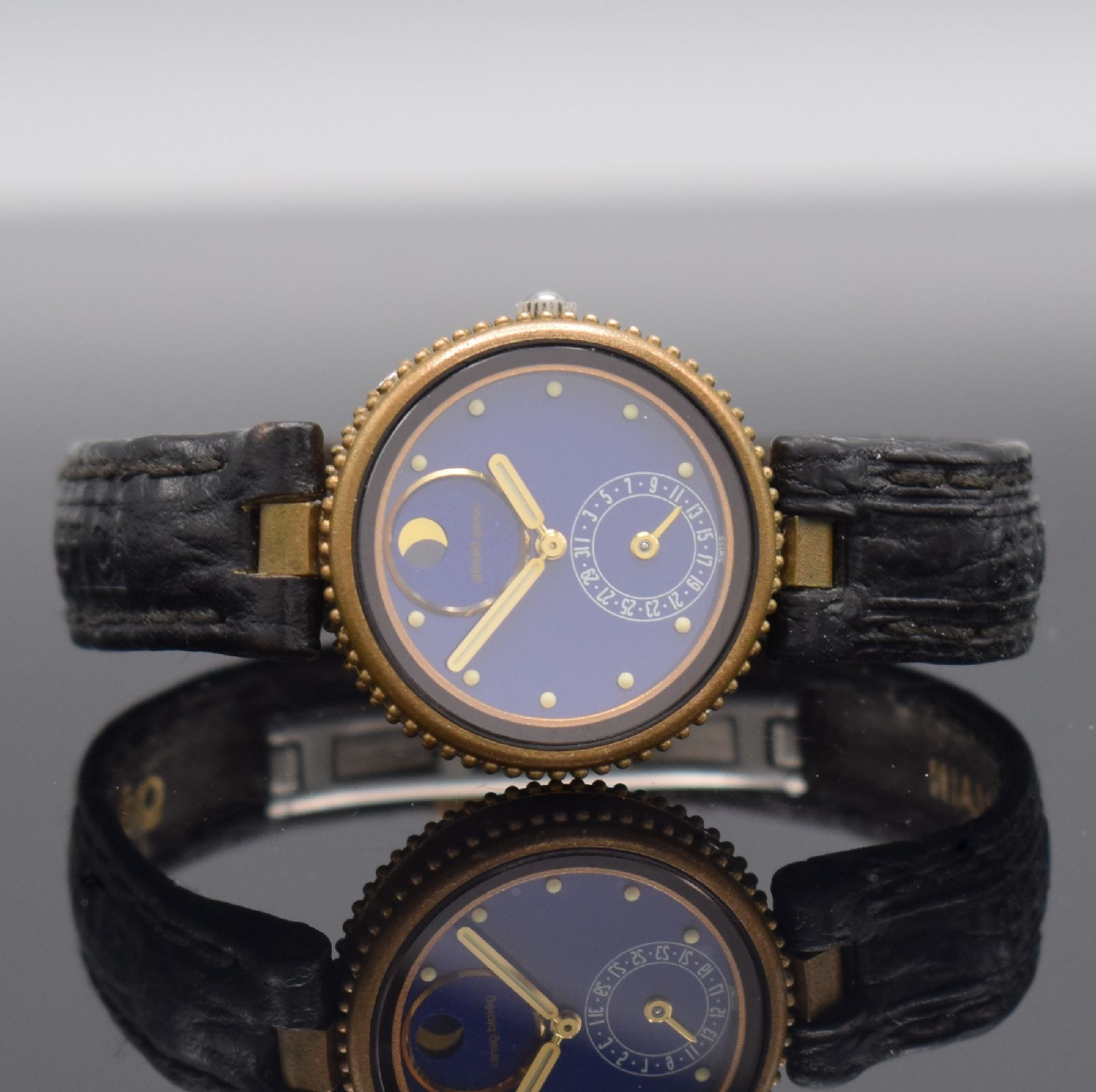 Detail d: GERALD GENTA seltene Damenarmbanduhr Serie Gefica Referenz G 2939.7, Schweiz um 1990, bronziertes Geh. inkl. orig. Lederband m. dopp. Faltschl., ...