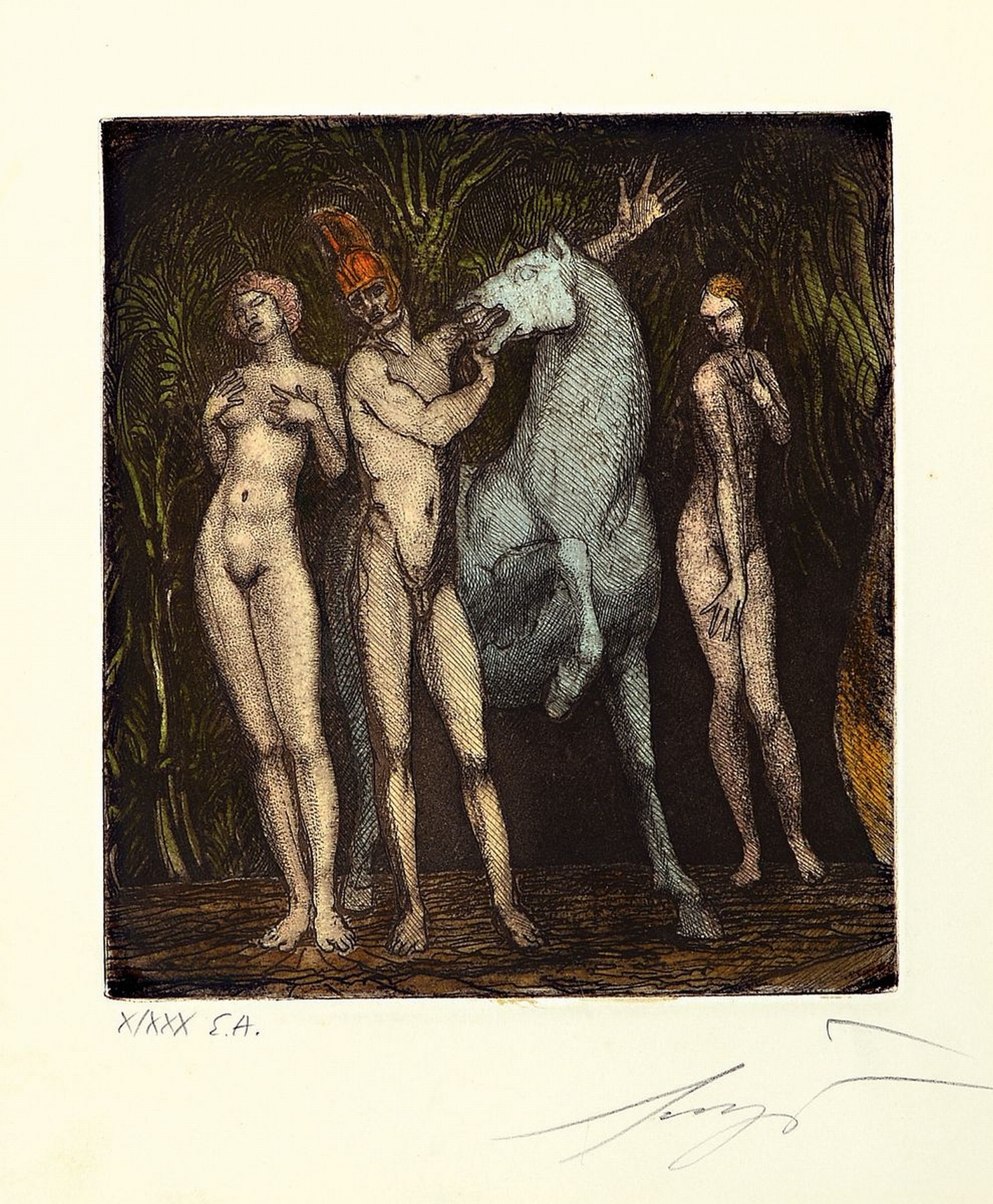 Ernst Fuchs, 1930 - 2015, Farb-Aquatinta, Mythologische Szene: Abschied des Mars (1976),Ed. X/XXX, Epreuve D'Artiste, rechts unten signiert, ...