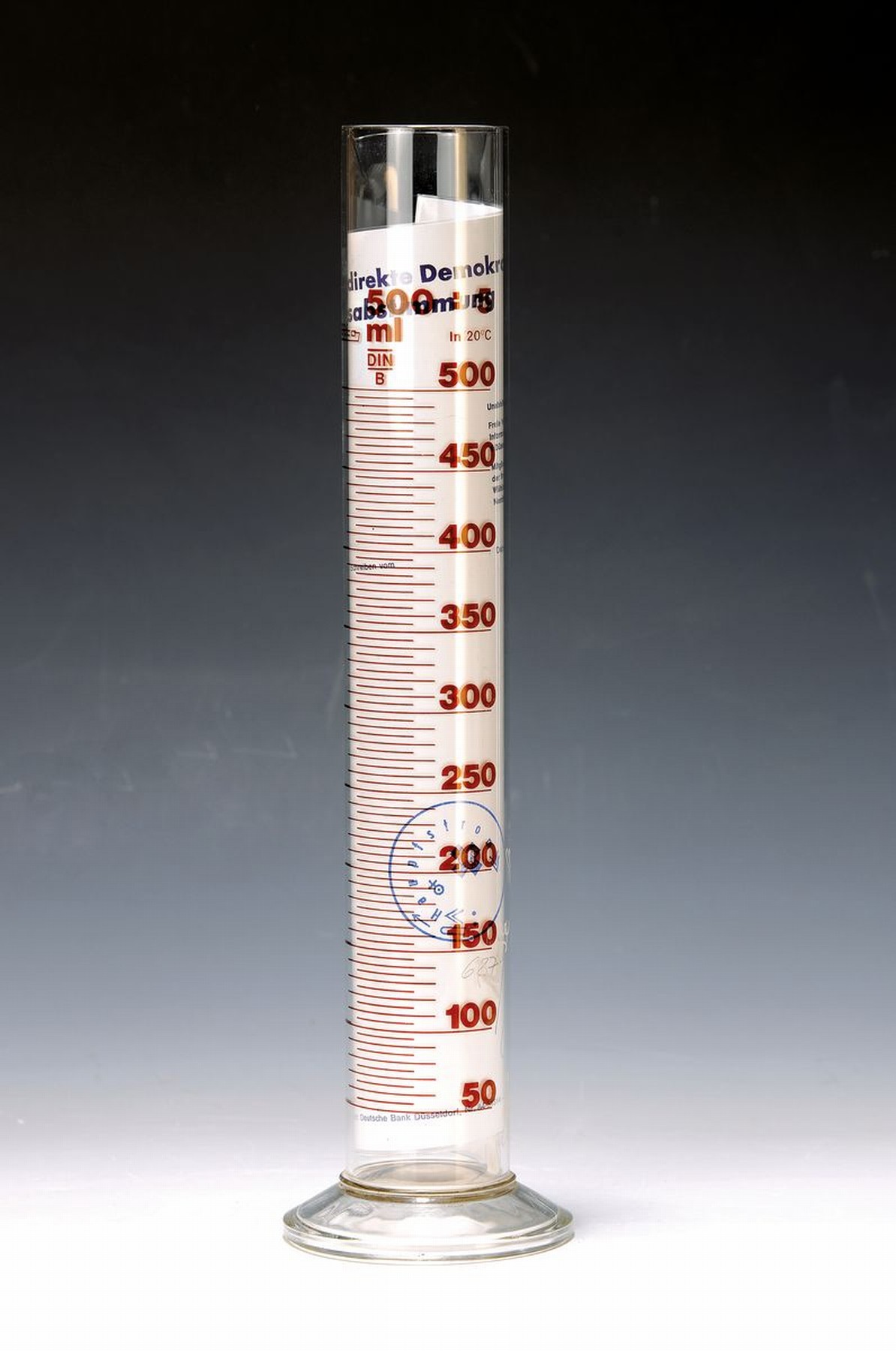 Joseph Beuys, 1921-1986, Rose für direkte Demokratie, Messzylinder aus Glas mit Schriftzug bedruckt, mit Briefbogen der Organisation für direkte ...