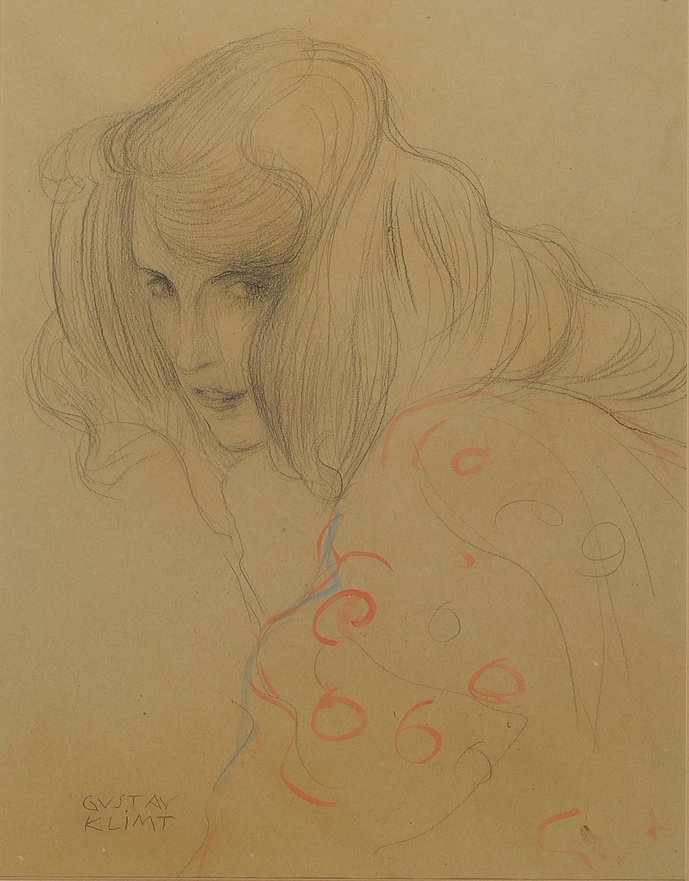 Lajos Rouasz, Mädchen von der Seite, Bleistift und Aquarell nach dem Original von Gustav Klimt, rückseitig Autorisierungs- Zertifikat, ...