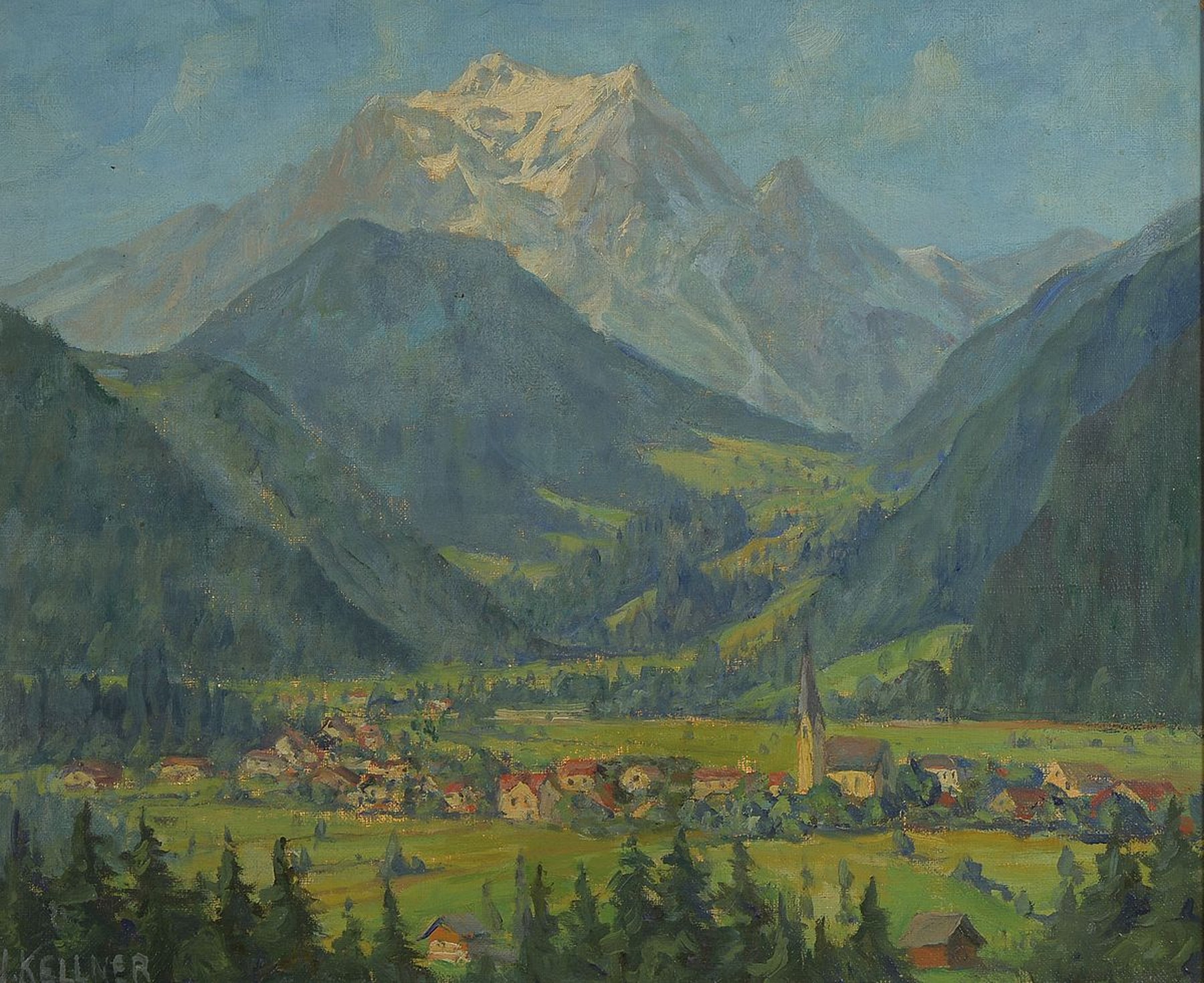 Josef Kellner, 1876 Wien, Landschaftsmaler, war in Tirol ansässig, Studium an der Wiener Akademie, hier Alpenlandschaft mit Dorfansicht, Öl/Lwd, ...
