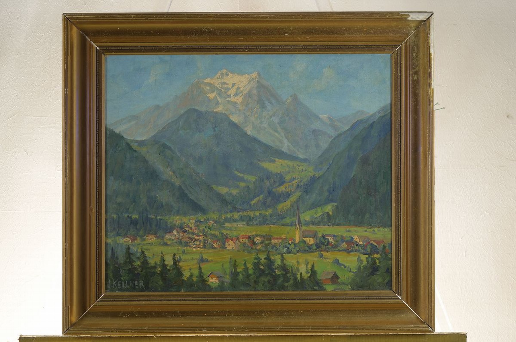 Detail k: Josef Kellner, 1876 Wien, Landschaftsmaler, war in Tirol ansässig, Studium an der Wiener Akademie, hier Alpenlandschaft mit Dorfansicht, Öl/Lwd, ...