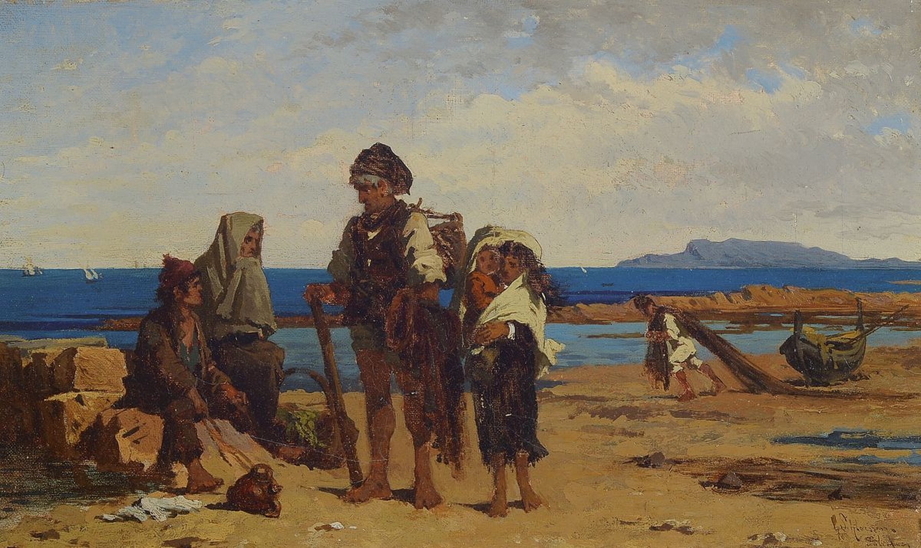 Unidentifizierter Künstler, 2. Hälfte 19. Jh., Fischer mit seiner Familie am Strand, Öl/Lwd, rechts unten signiert, ca. 24x40cm/ 42x57cm, Rahmen