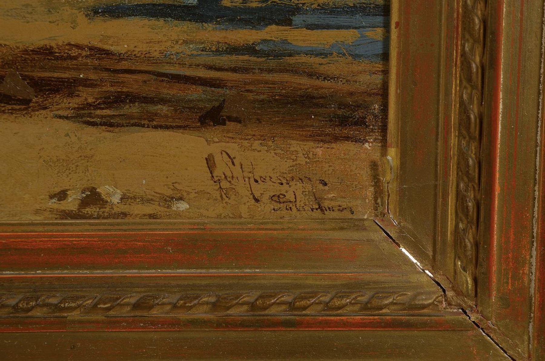 Detail a: Unidentifizierter Künstler, 2. Hälfte 19. Jh., Fischer mit seiner Familie am Strand, Öl/Lwd, rechts unten signiert, ca. 24x40cm/ 42x57cm, Rahmen