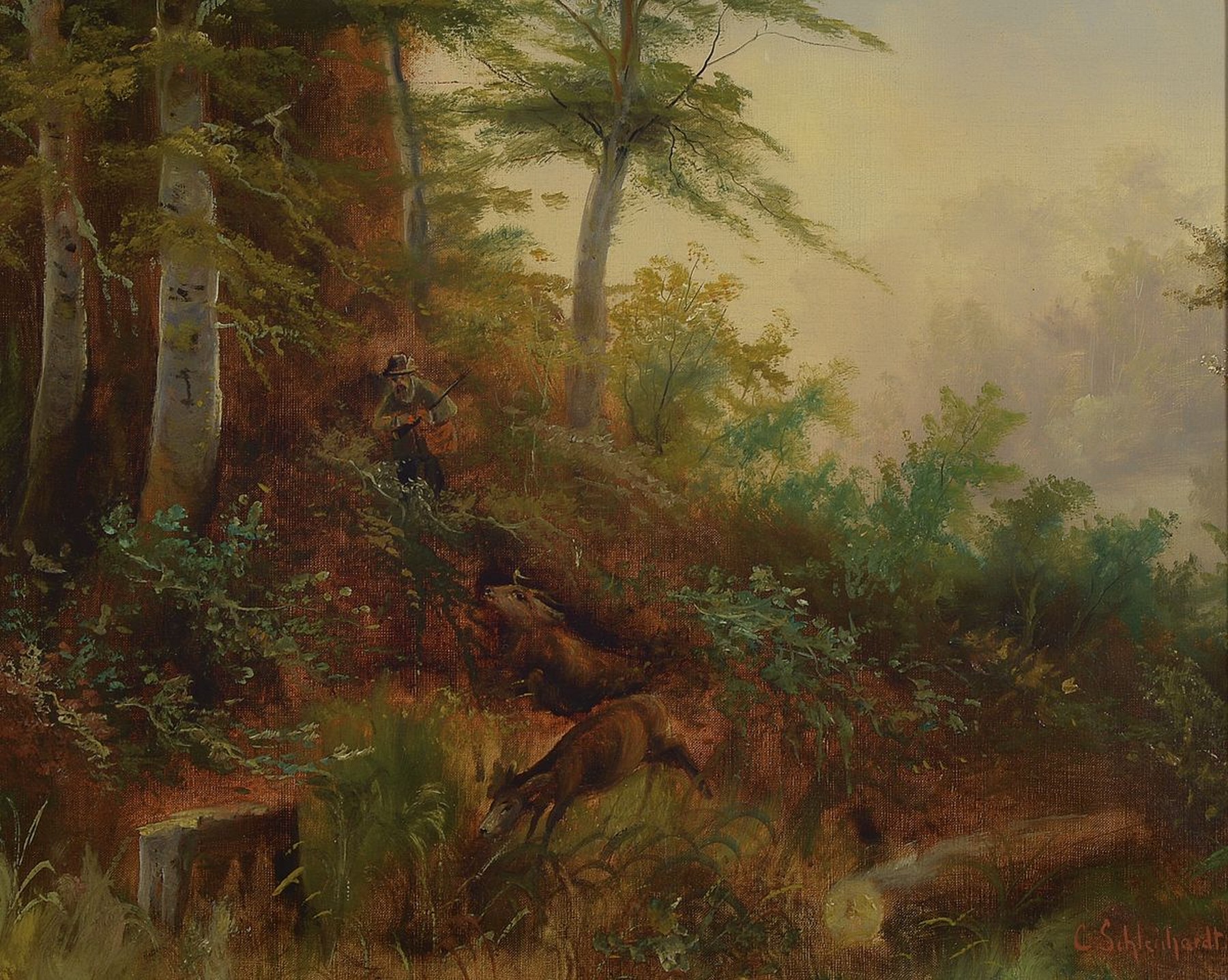 C. Schleihardt, Maler der 2. Hälfte des 19. Jh., Jäger nähert sich dem erlegten Reh, Öl/Lwd, rechts unten signiert, ca. 40x50cm, R. ca. 54x64cm