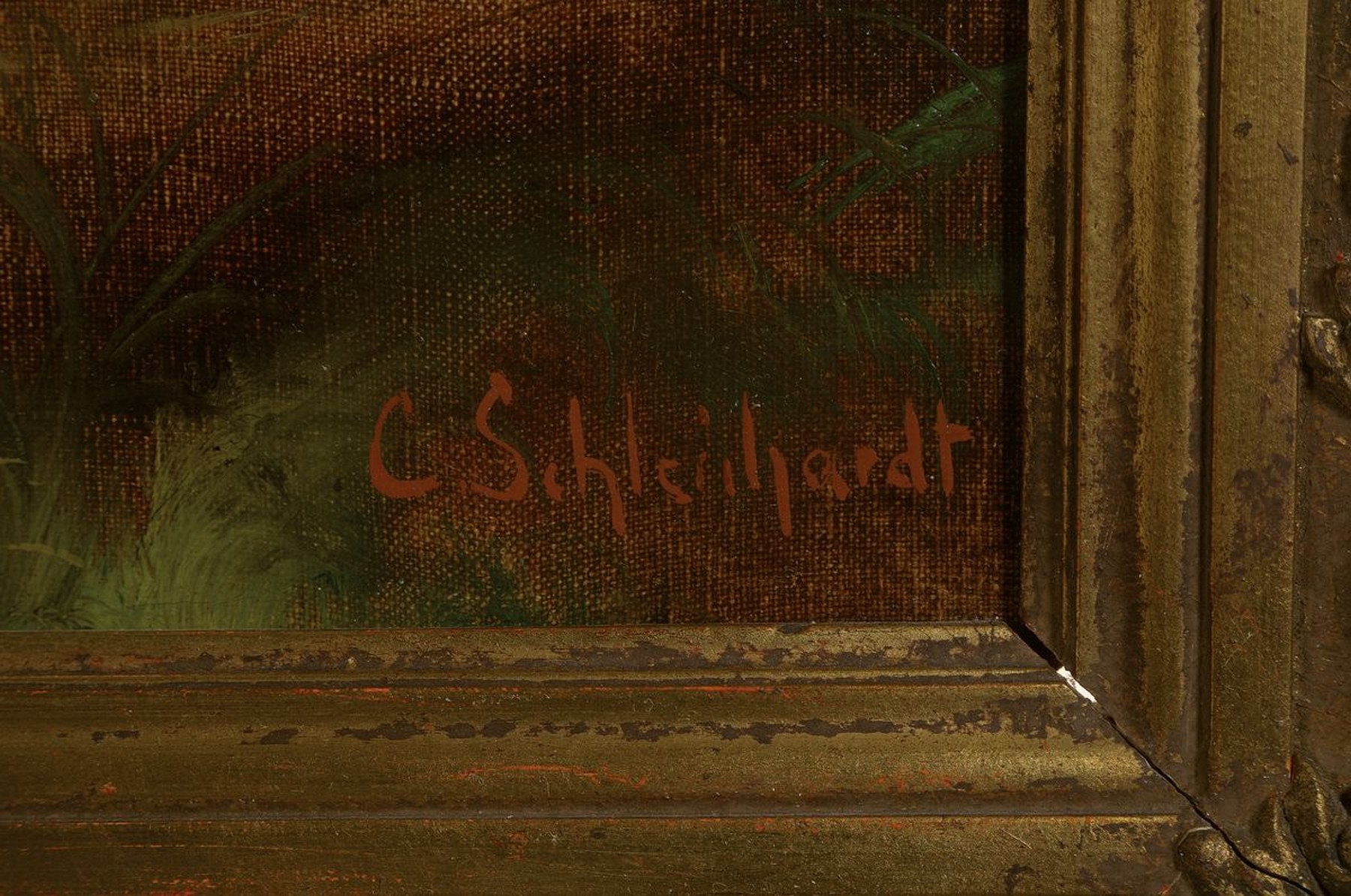 Detail a: C. Schleihardt, Maler der 2. Hälfte des 19. Jh., Jäger nähert sich dem erlegten Reh, Öl/Lwd, rechts unten signiert, ca. 40x50cm, R. ca. 54x64cm