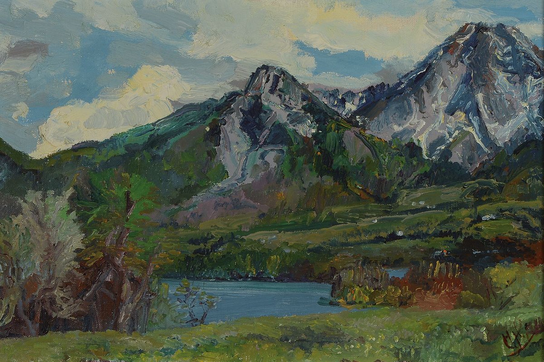 Unbekannter Maler, datiert 1942, Landschaft in den Alpen, im Vordergrund ein See, rückseitig auf altem Ausstellungsetikett betitelt Alt-Schwabing ...