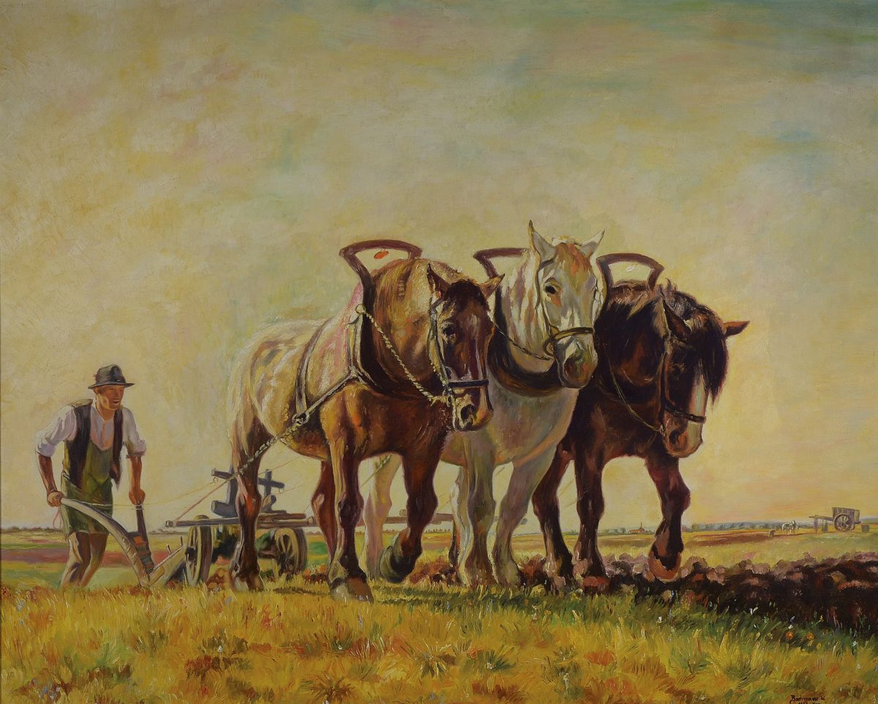 W. Bachmann, datiert 1942, Pflügender Bauer mit drei Pferden, Öl/Lwd, rechts unten sign.: Bachmann w. 1942 Kop., ca. 80x100cm, R. ca. 96x116cm, ...