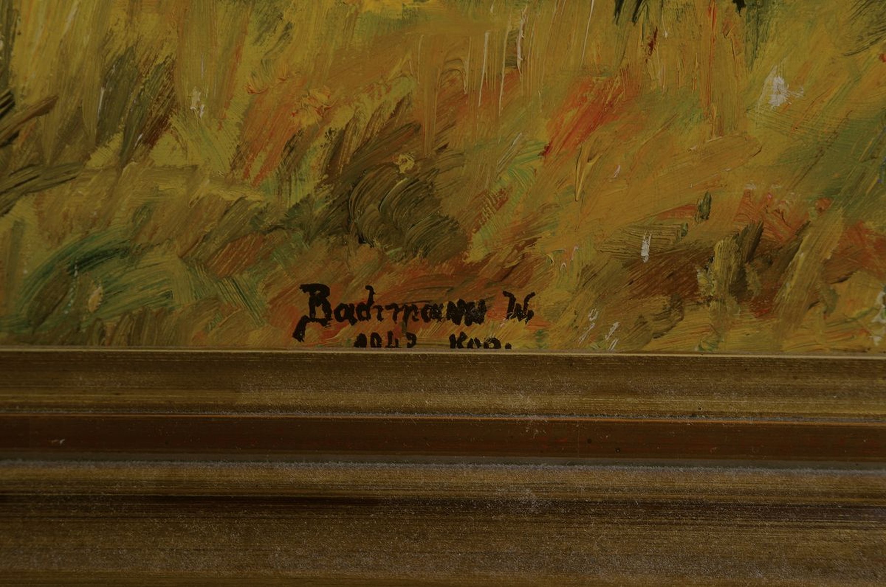 Detail a: W. Bachmann, datiert 1942, Pflügender Bauer mit drei Pferden, Öl/Lwd, rechts unten sign.: Bachmann w. 1942 Kop., ca. 80x100cm, R. ca. 96x116cm, ...