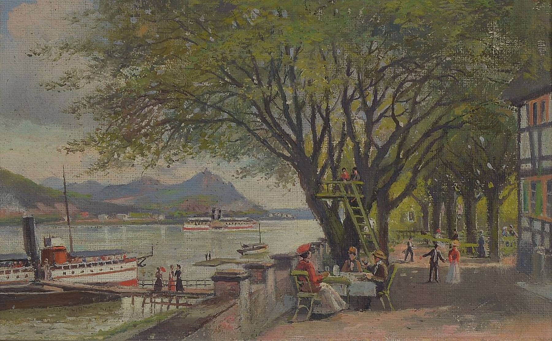 Unbekannter Maler, deutsch, um 1900, Gasthof Mundorf in Plittersdorf bei Bonn, so rückseitig betitelt, Öl/Malkarton, ca. 13x21 cm, R. ca. 28x37cm